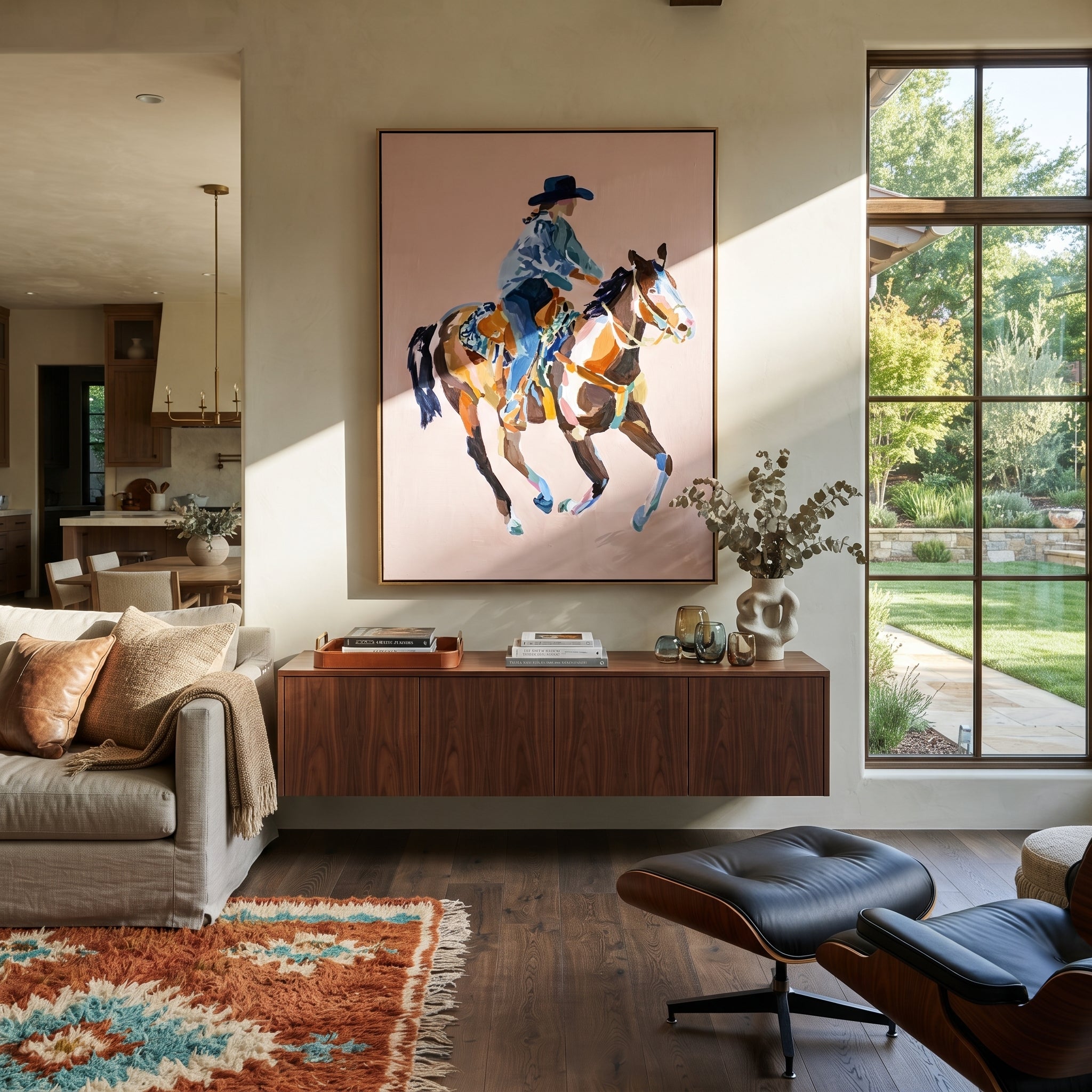Blue Rider Floats Pale - cowboy pink horse painting by Ethan Mercer, contemporary Western vertical wall art – styled room scene view 1