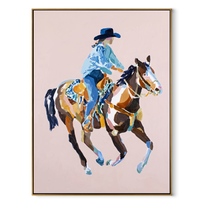Blue Rider Floats Pale - cowboy pink horse painting by Ethan Mercer, contemporary Western vertical wall art – wood frame on white background