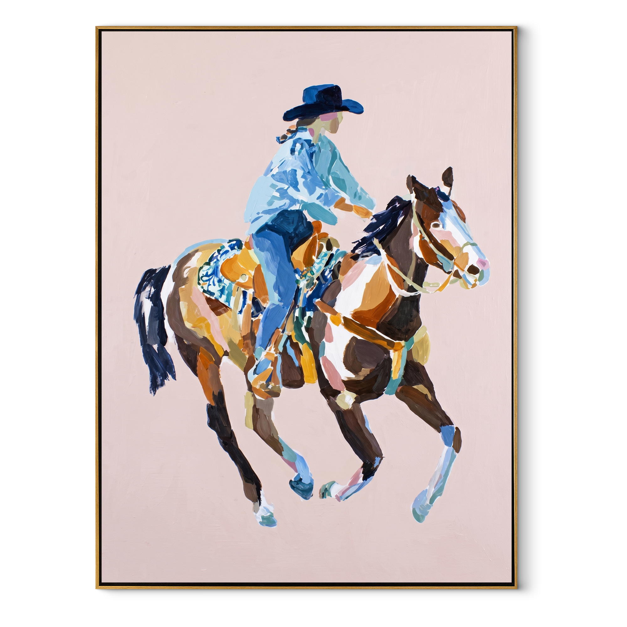 Blue Rider Floats Pale - cowboy pink horse painting by Ethan Mercer, contemporary Western vertical wall art – wood frame on white background