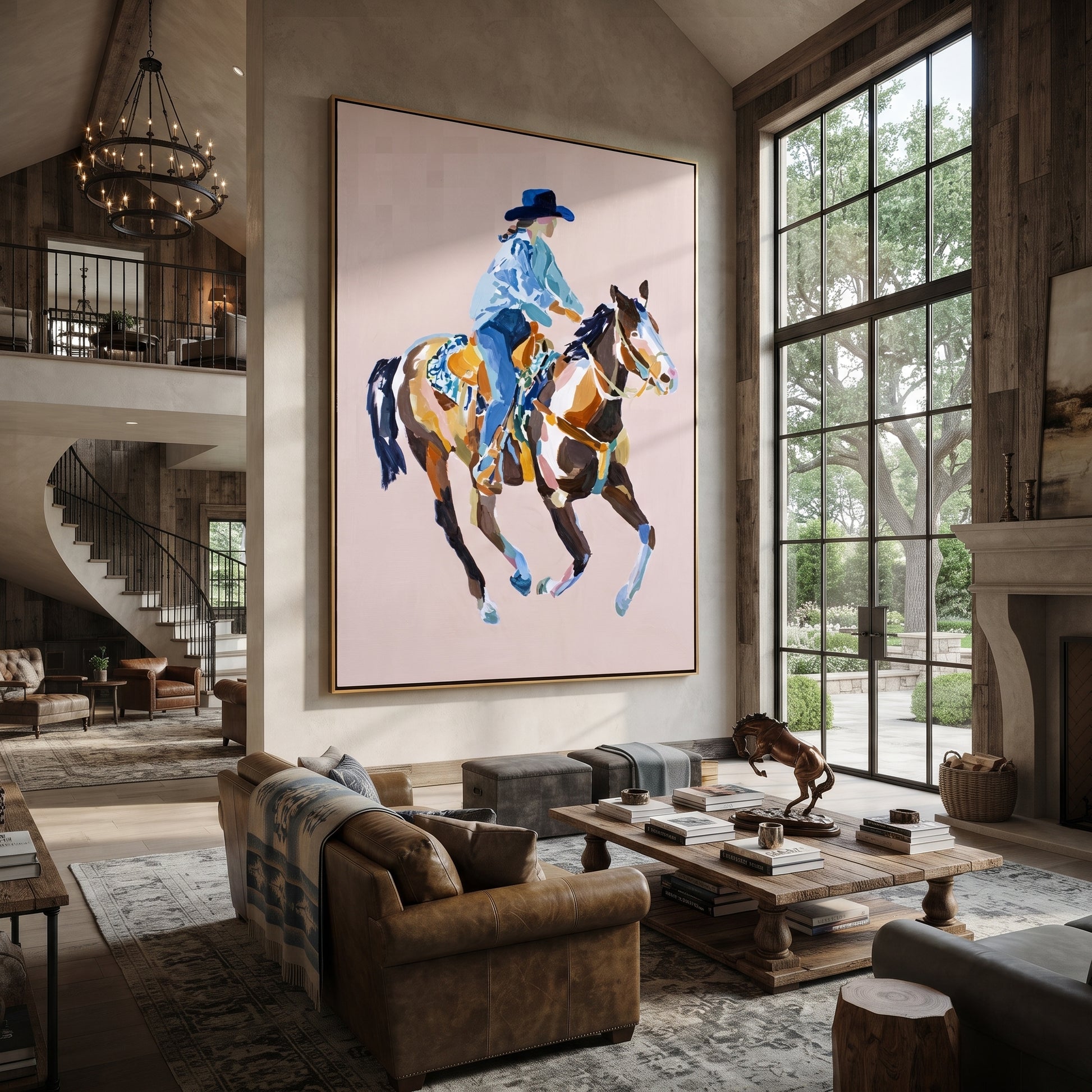Blue Rider Floats Pale - cowboy pink horse painting by Ethan Mercer, contemporary Western vertical wall art – styled room scene view 2