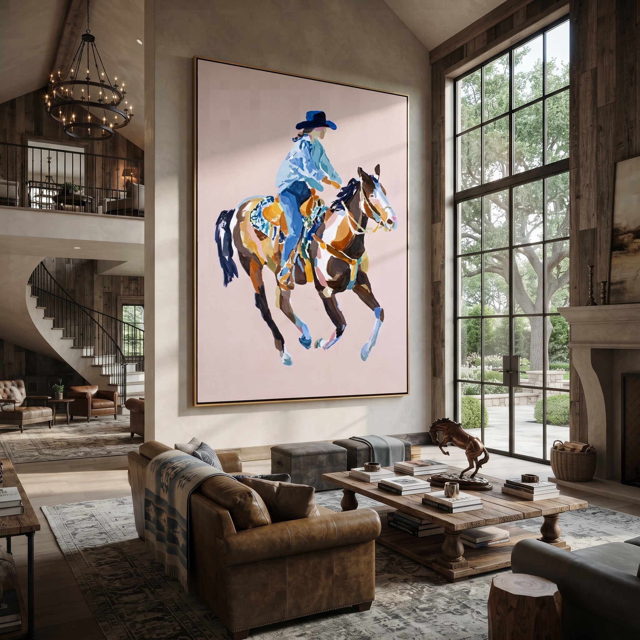 Blue Rider Floats Pale - cowboy pink horse painting by Ethan Mercer, contemporary Western vertical wall art – styled room scene view 2