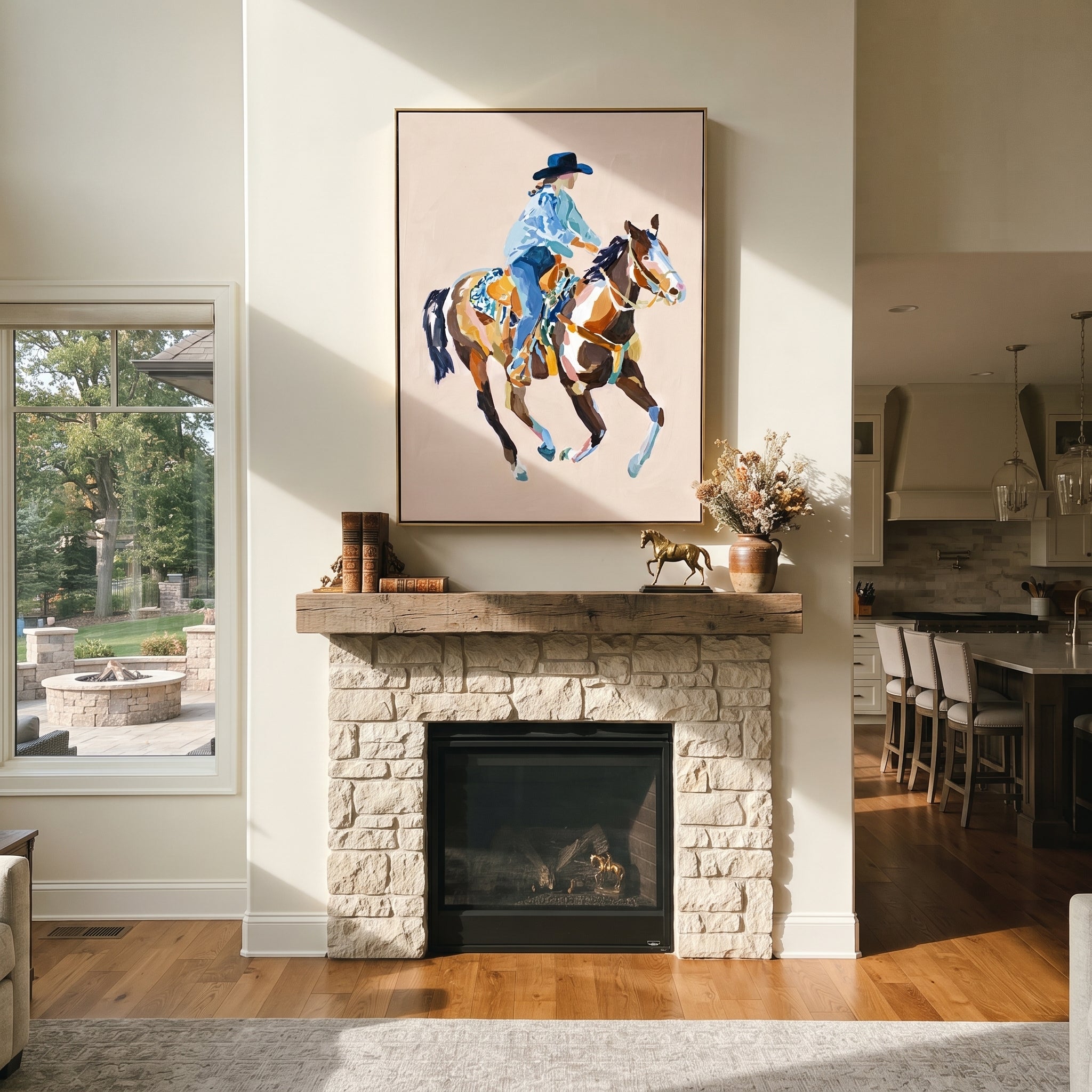 Blue Rider Floats Pale - cowboy pink horse painting by Ethan Mercer, contemporary Western vertical wall art – styled room scene view 3