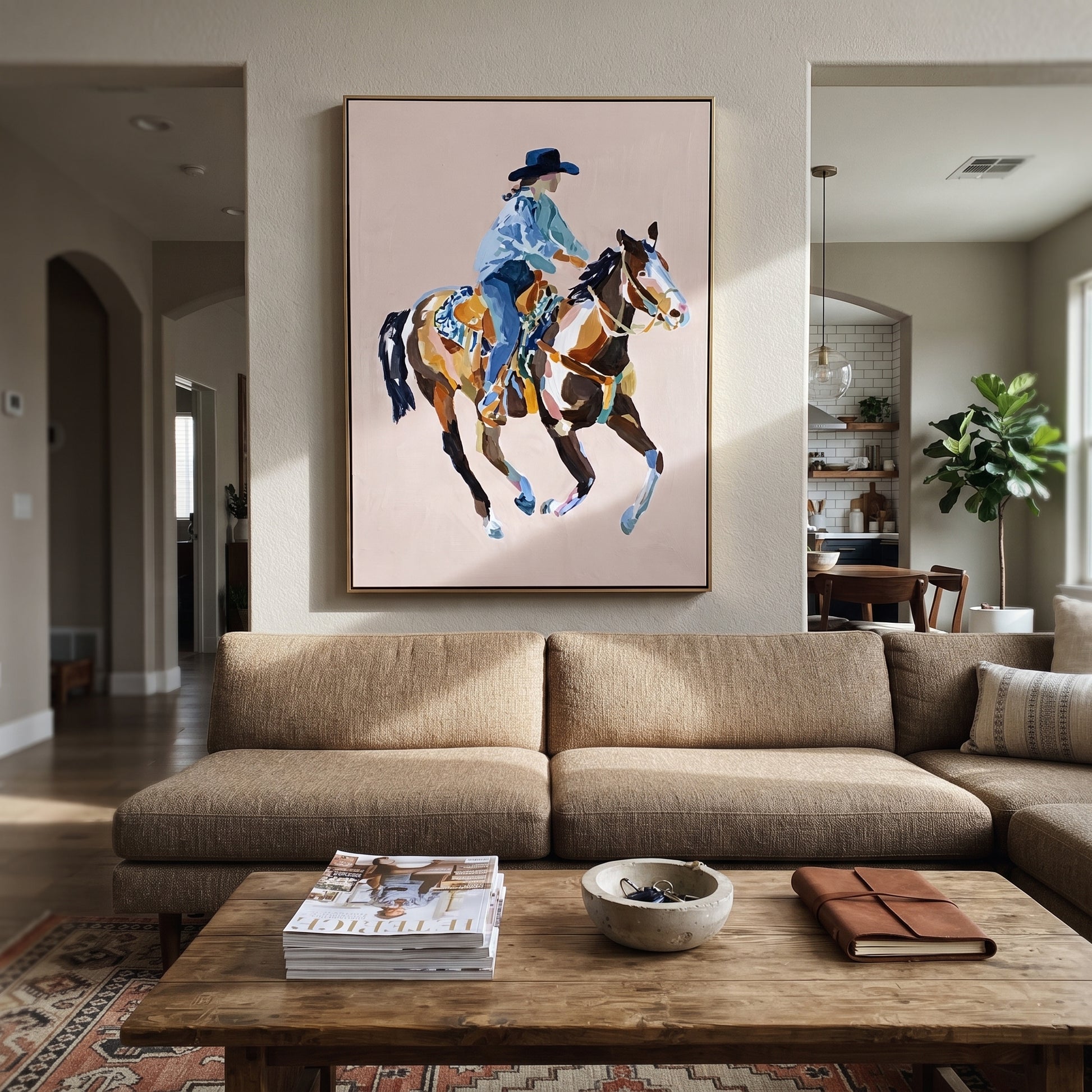 Blue Rider Floats Pale - cowboy pink horse painting by Ethan Mercer, contemporary Western vertical wall art – styled room scene view 4