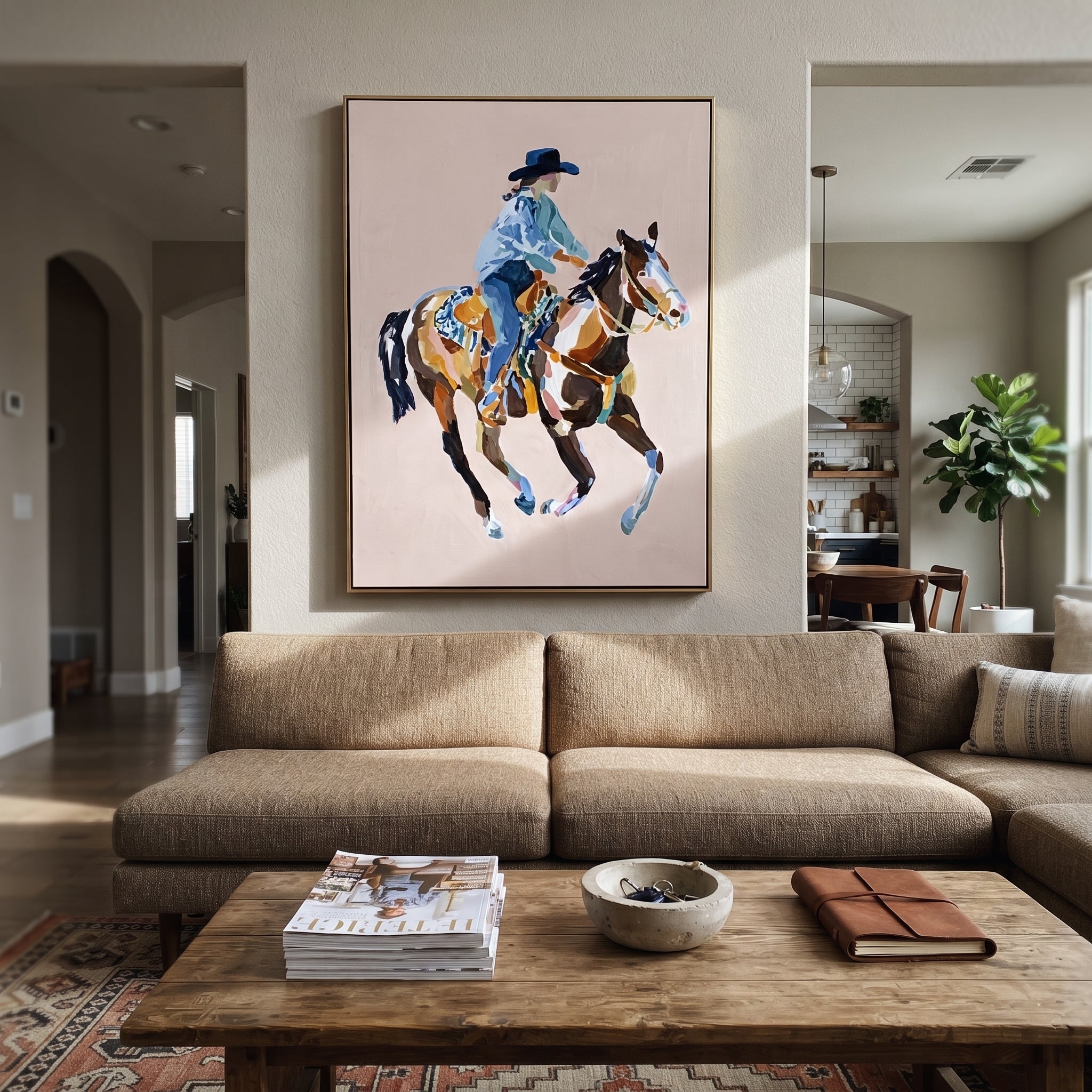 Blue Rider Floats Pale - cowboy pink horse painting by Ethan Mercer, contemporary Western vertical wall art – styled room scene view 4