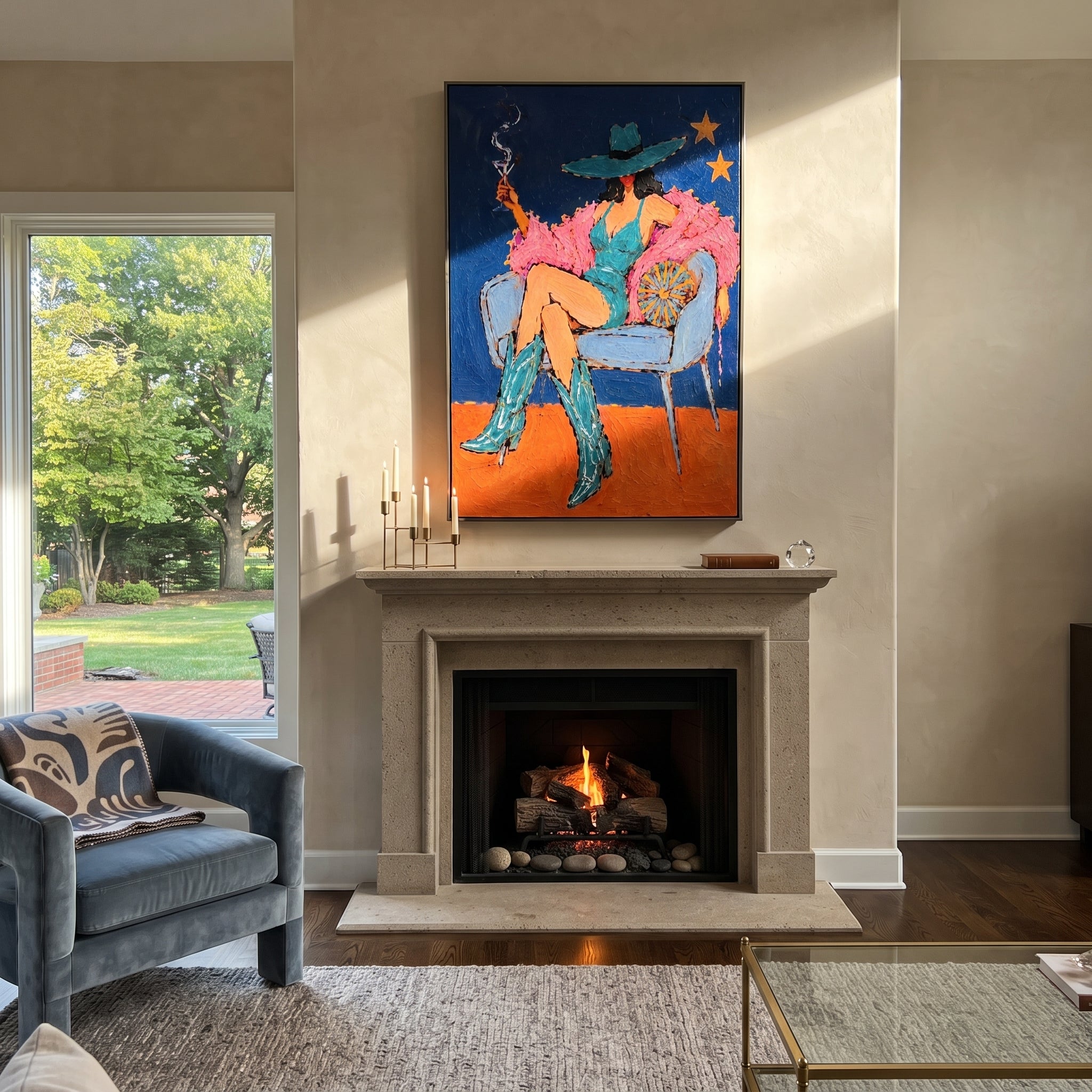Smoke Curls Above Feathers - smoking cowgirl chair painting by Ethan Mercer, contemporary Western vertical wall art – styled room scene view 1