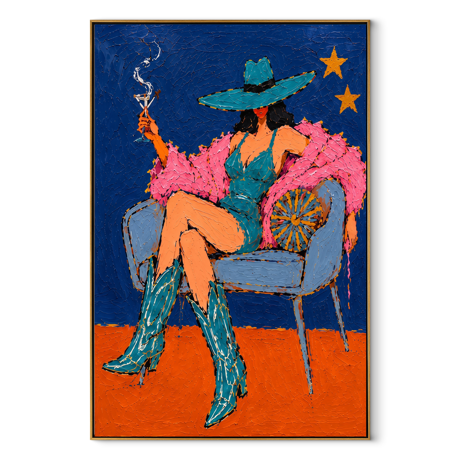 Smoke Curls Above Feathers - smoking cowgirl chair painting by Ethan Mercer, contemporary Western vertical wall art – wood frame on white background