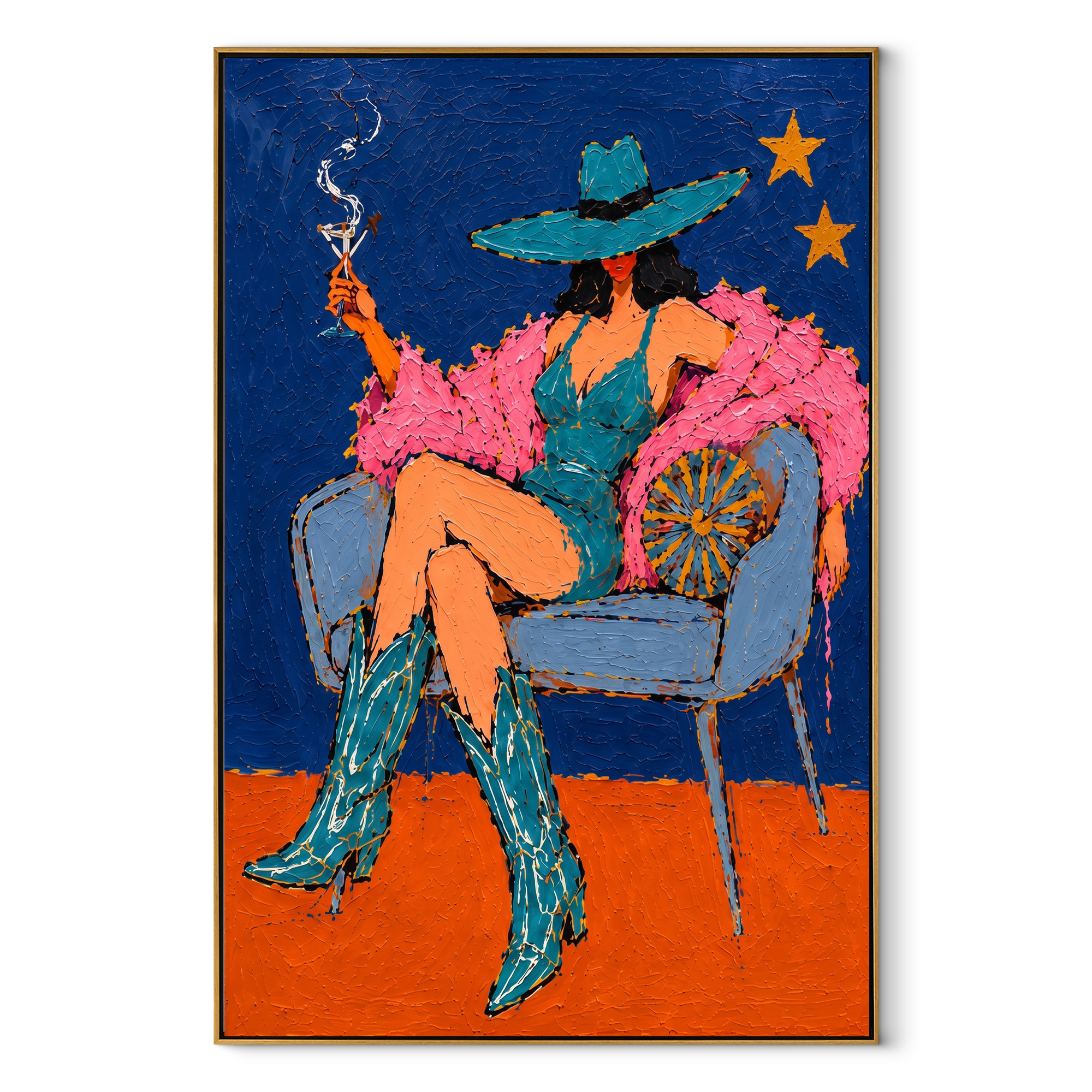 Smoke Curls Above Feathers - smoking cowgirl chair painting by Ethan Mercer, contemporary Western vertical wall art – wood frame on white background