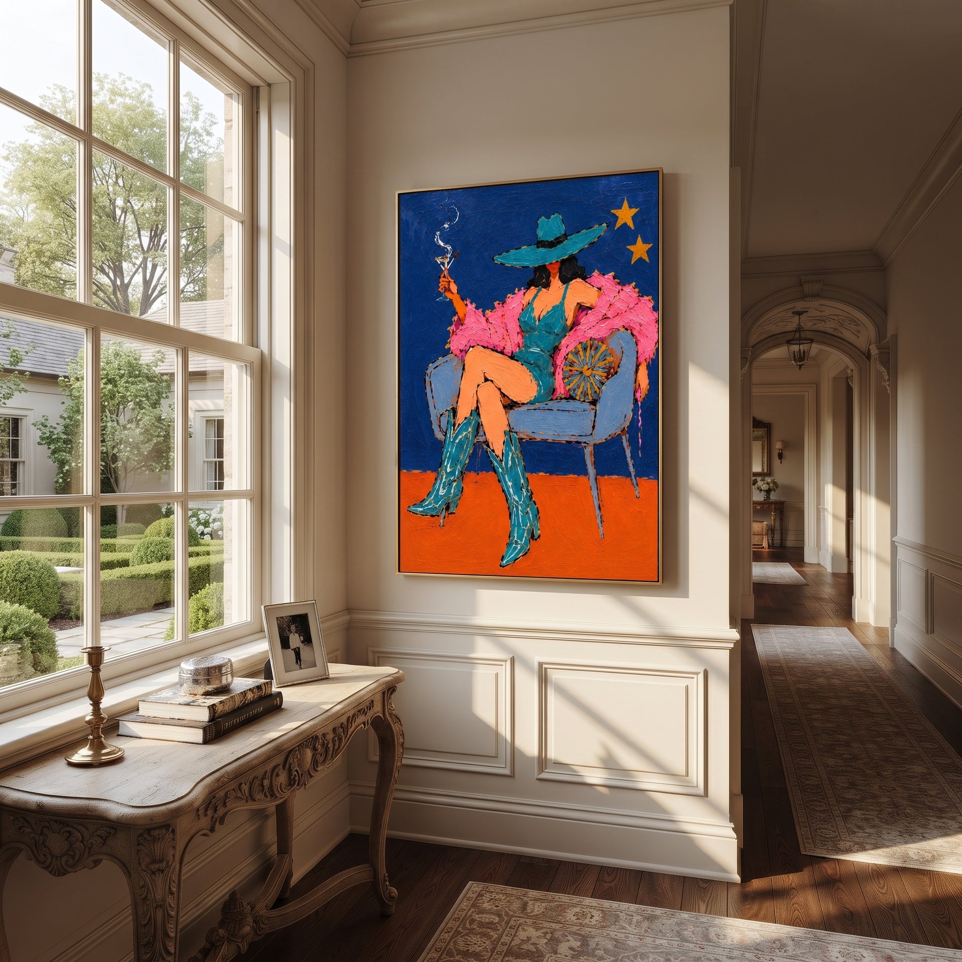Smoke Curls Above Feathers - smoking cowgirl chair painting by Ethan Mercer, contemporary Western vertical wall art – styled room scene view 2
