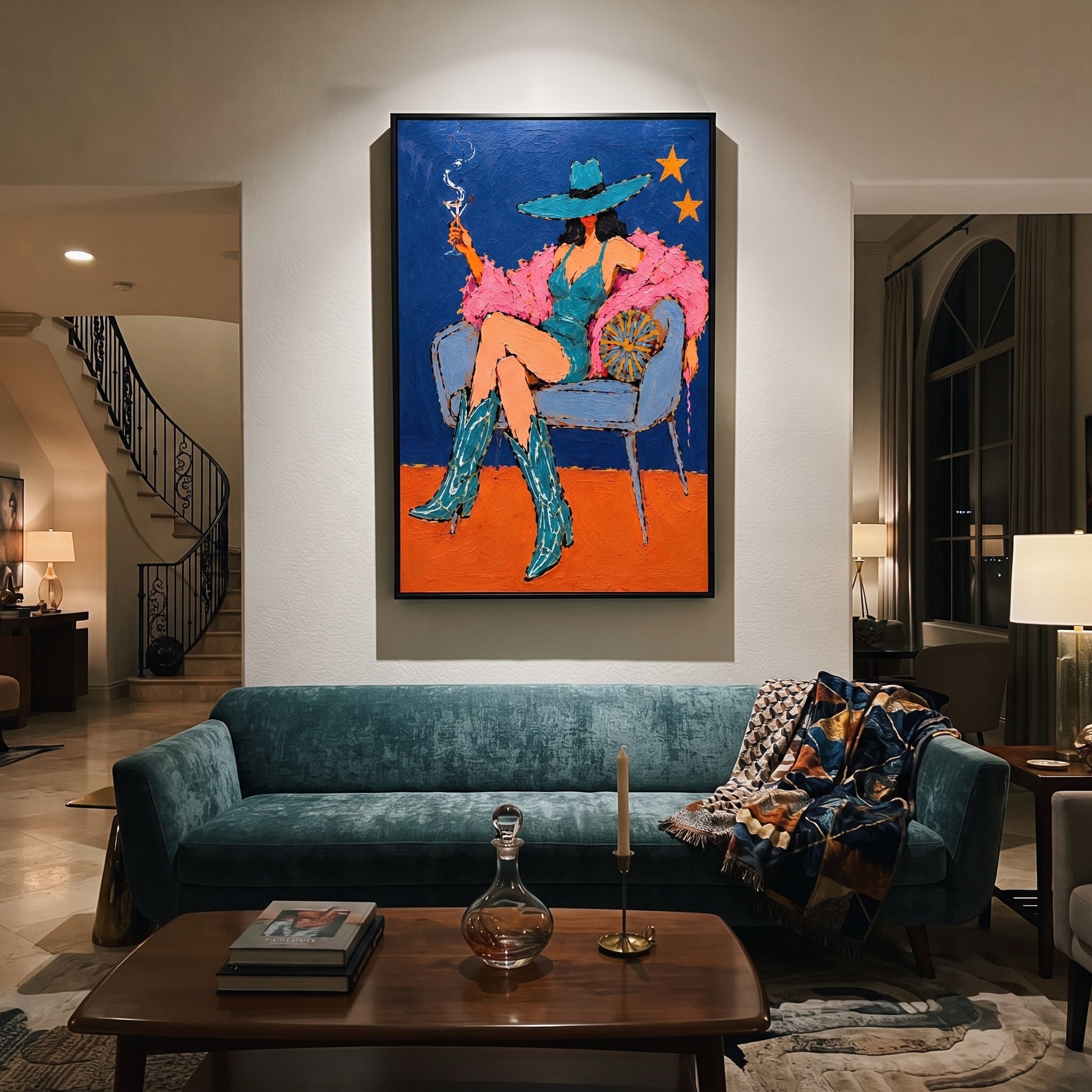 Smoke Curls Above Feathers - smoking cowgirl chair painting by Ethan Mercer, contemporary Western vertical wall art – styled room scene view 3