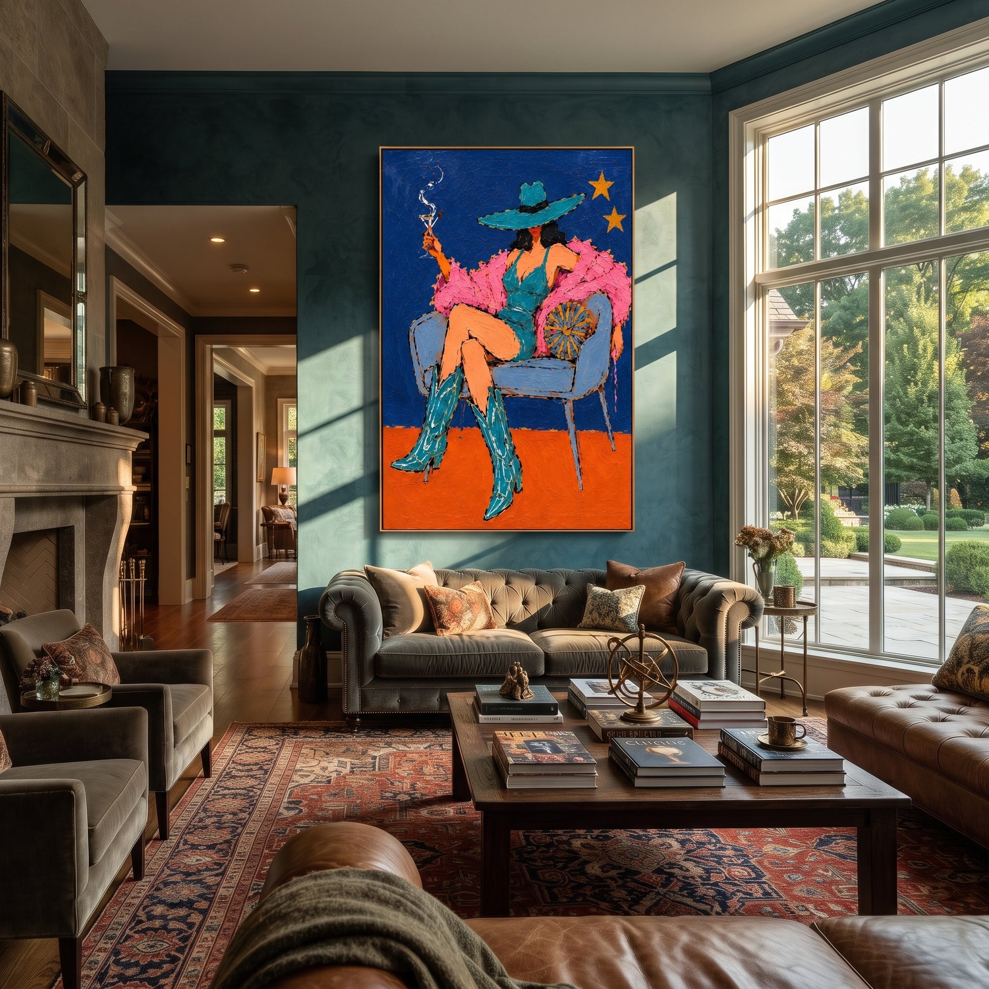Smoke Curls Above Feathers - smoking cowgirl chair painting by Ethan Mercer, contemporary Western vertical wall art – styled room scene view 4