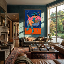 Smoke Curls Above Feathers - smoking cowgirl chair painting by Ethan Mercer, contemporary Western vertical wall art – styled room scene view 4
