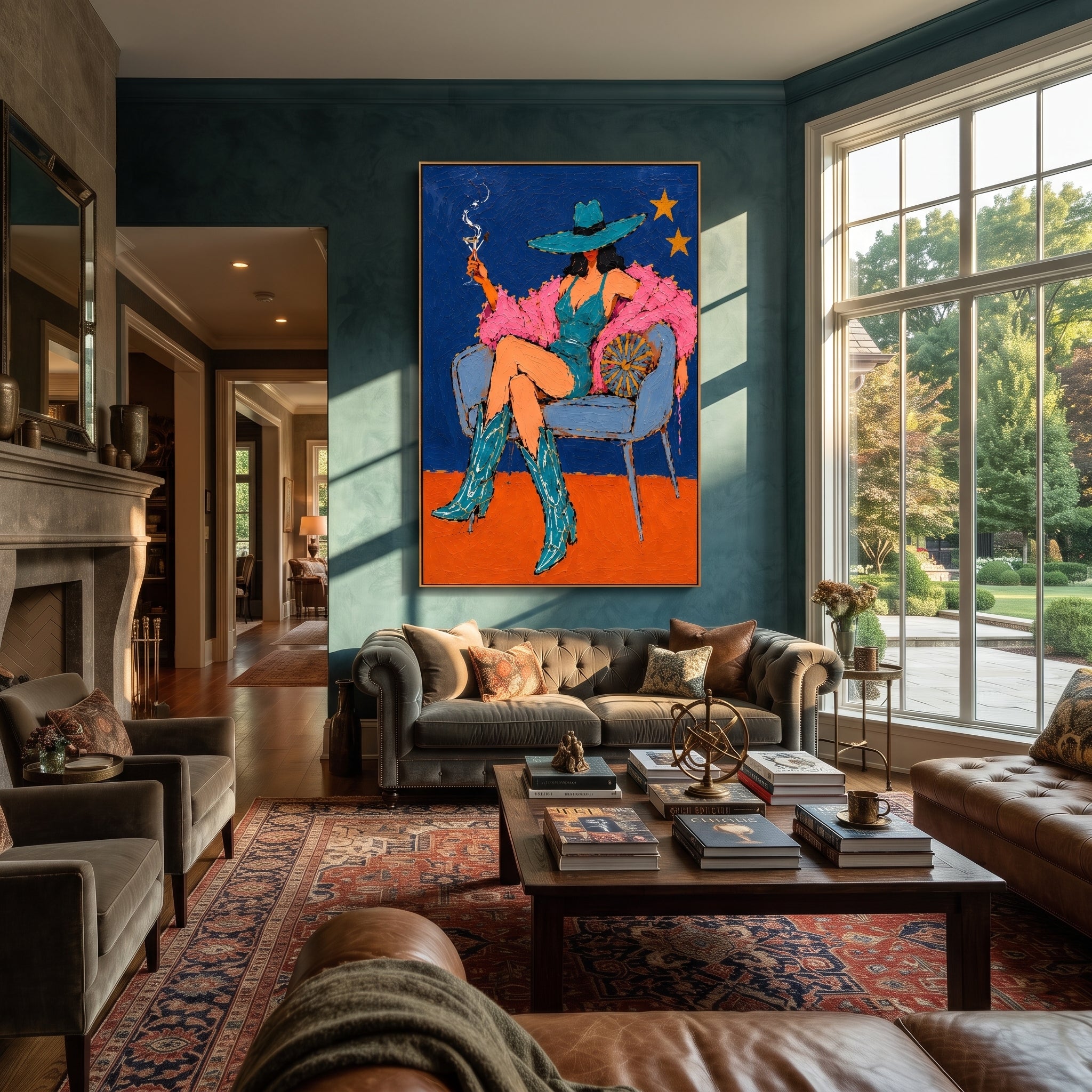 Smoke Curls Above Feathers - smoking cowgirl chair painting by Ethan Mercer, contemporary Western vertical wall art – styled room scene view 4