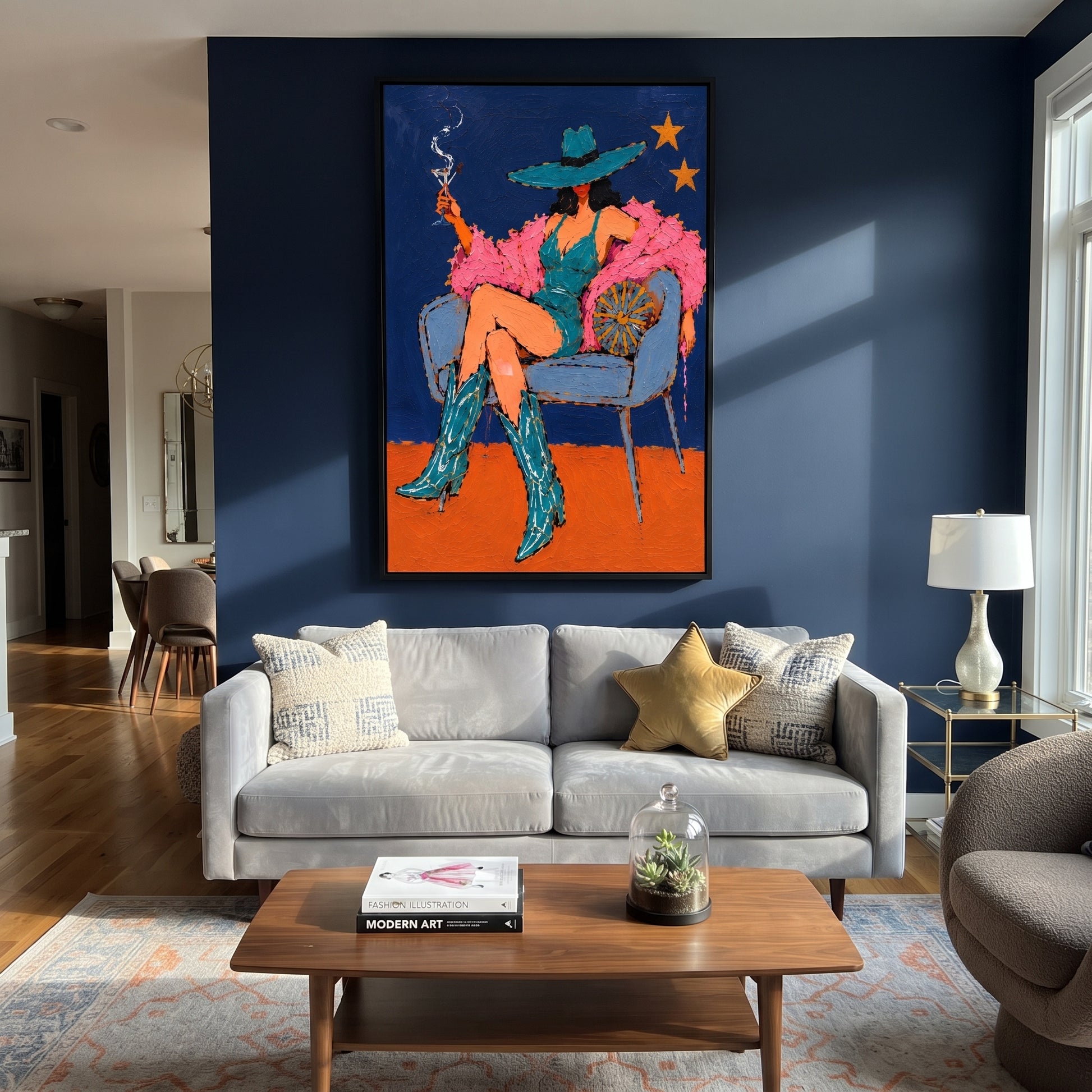 Smoke Curls Above Feathers - smoking cowgirl chair painting by Ethan Mercer, contemporary Western vertical wall art – styled room scene view 5