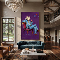 Purple Chair Holds Blue - seated blue cowboy painting by Ethan Mercer, contemporary Western vertical wall art – styled room scene view 1