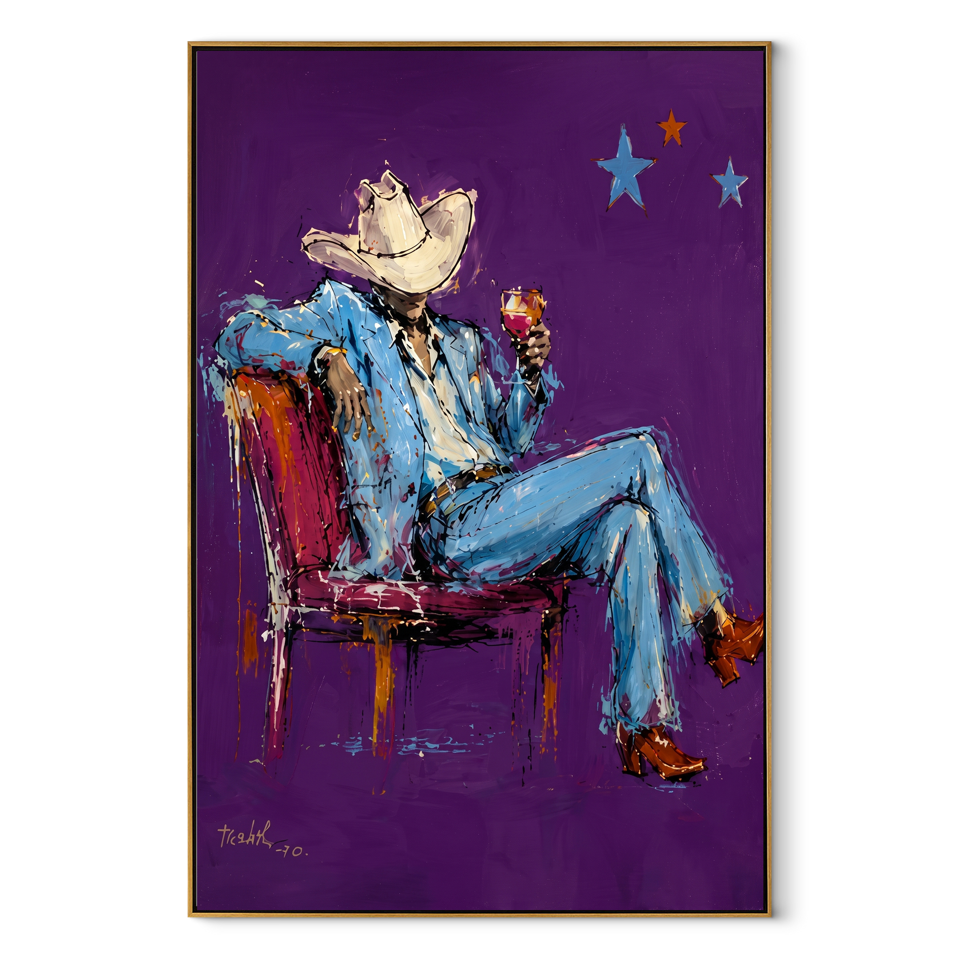 Purple Chair Holds Blue - seated blue cowboy painting by Ethan Mercer, contemporary Western vertical wall art – wood frame on white background