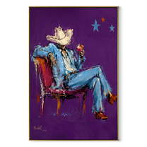 Purple Chair Holds Blue - seated blue cowboy painting by Ethan Mercer, contemporary Western vertical wall art – wood frame on white background