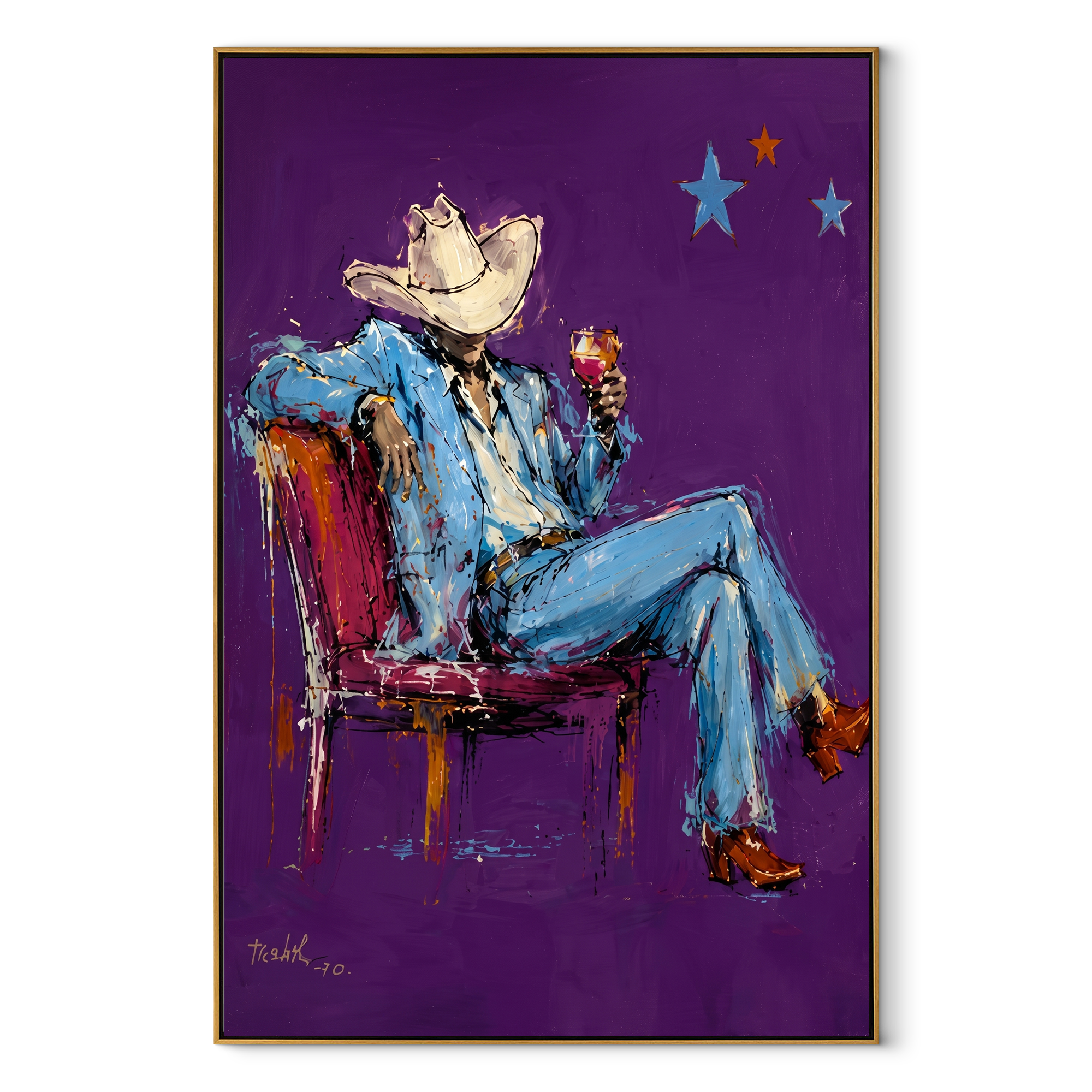 Purple Chair Holds Blue - seated blue cowboy painting by Ethan Mercer, contemporary Western vertical wall art – wood frame on white background