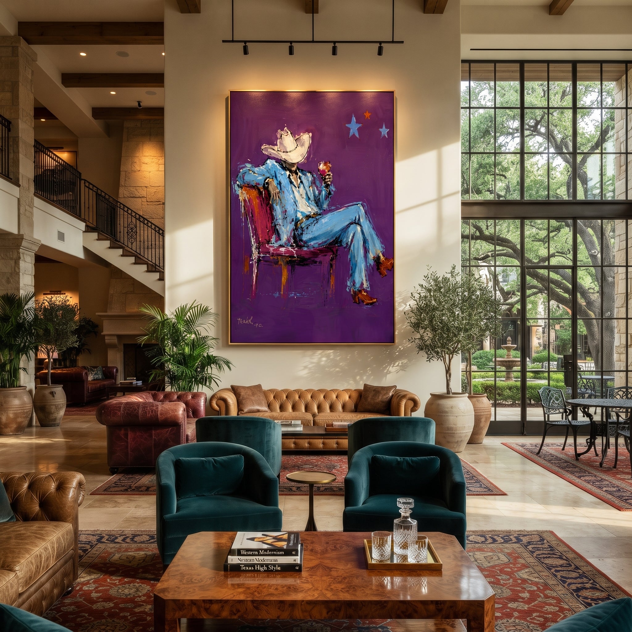 Purple Chair Holds Blue - seated blue cowboy painting by Ethan Mercer, contemporary Western vertical wall art – styled room scene view 2