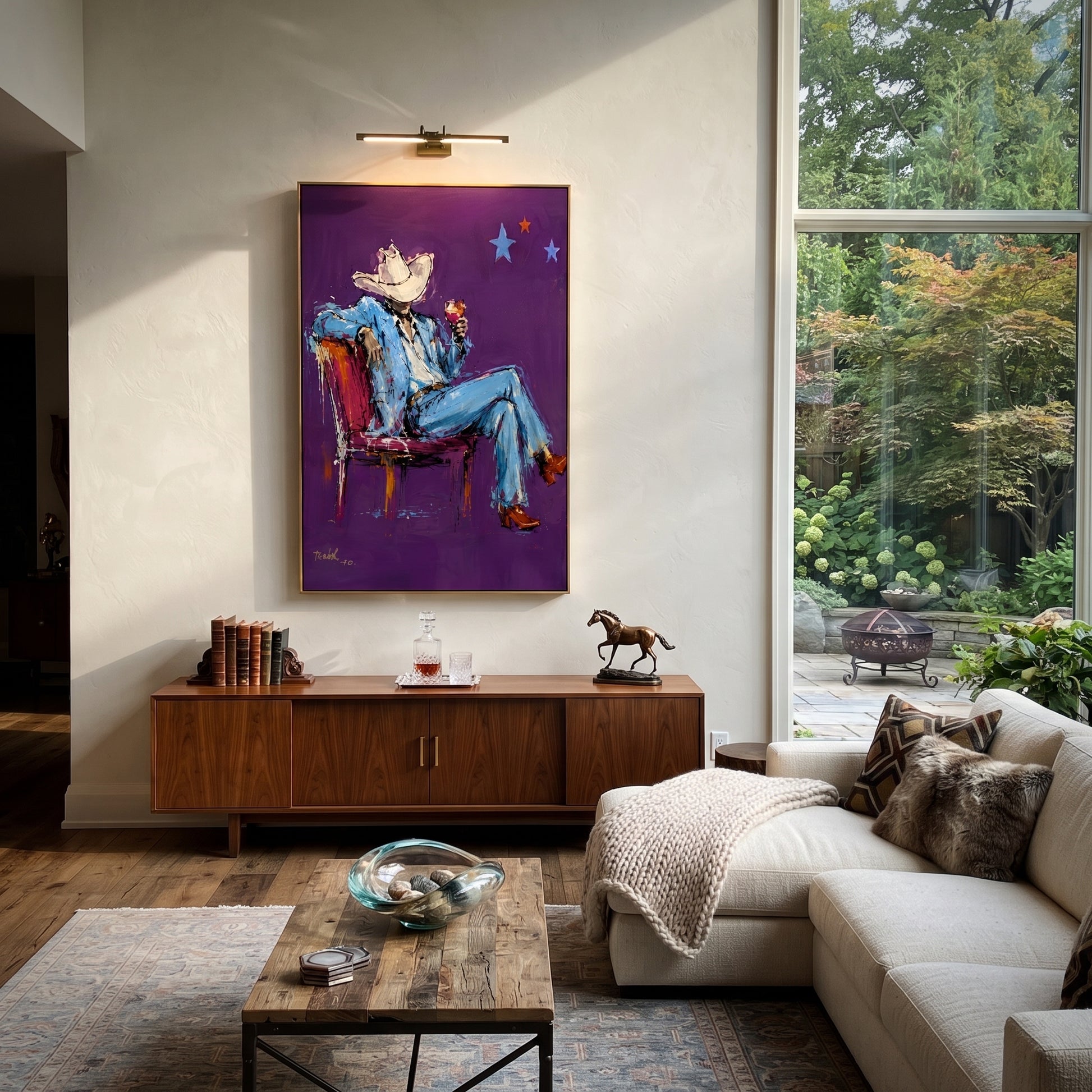 Purple Chair Holds Blue - seated blue cowboy painting by Ethan Mercer, contemporary Western vertical wall art – styled room scene view 3