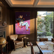 Purple Chair Holds Blue - seated blue cowboy painting by Ethan Mercer, contemporary Western vertical wall art – styled room scene view 4