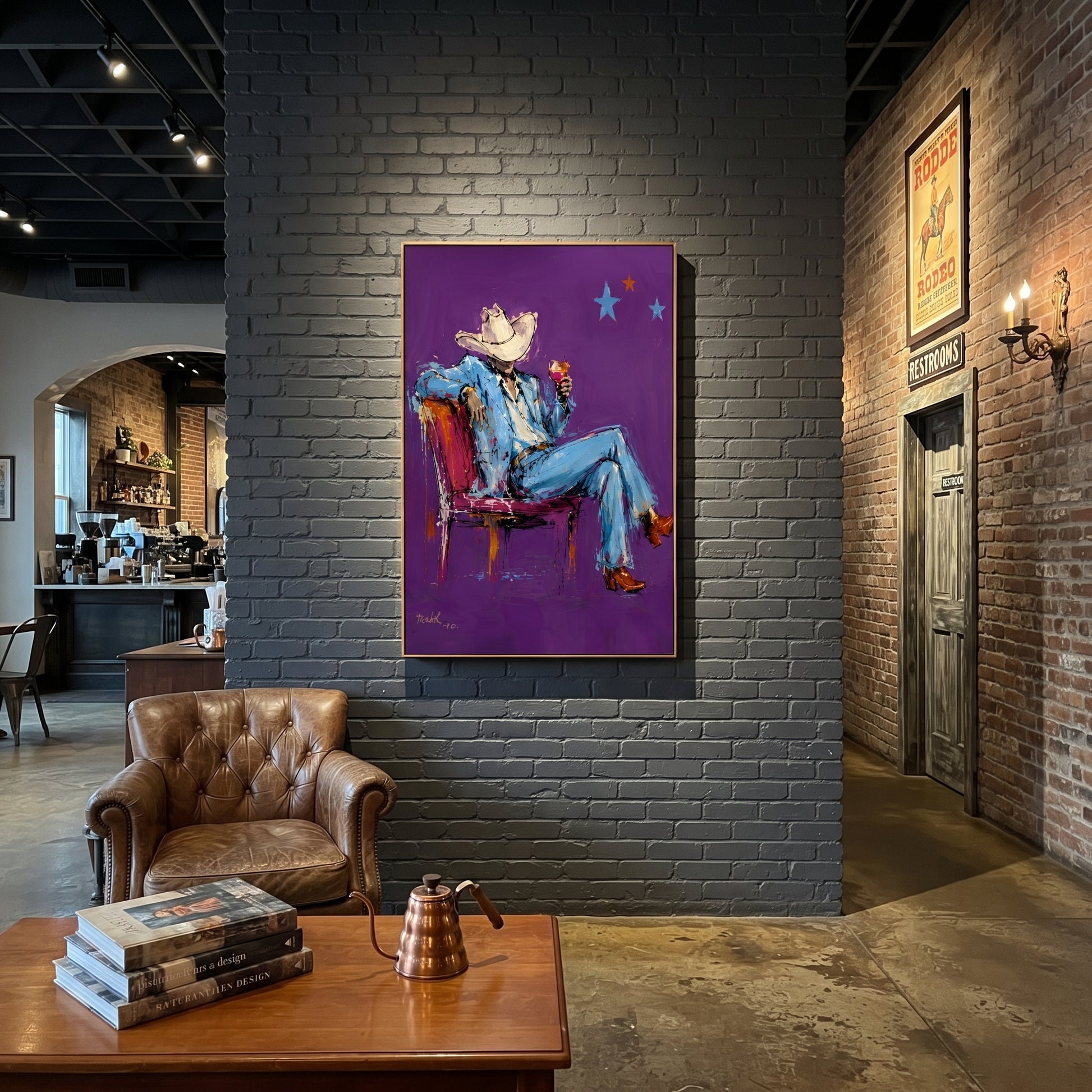 Purple Chair Holds Blue - seated blue cowboy painting by Ethan Mercer, contemporary Western vertical wall art – styled room scene view 5