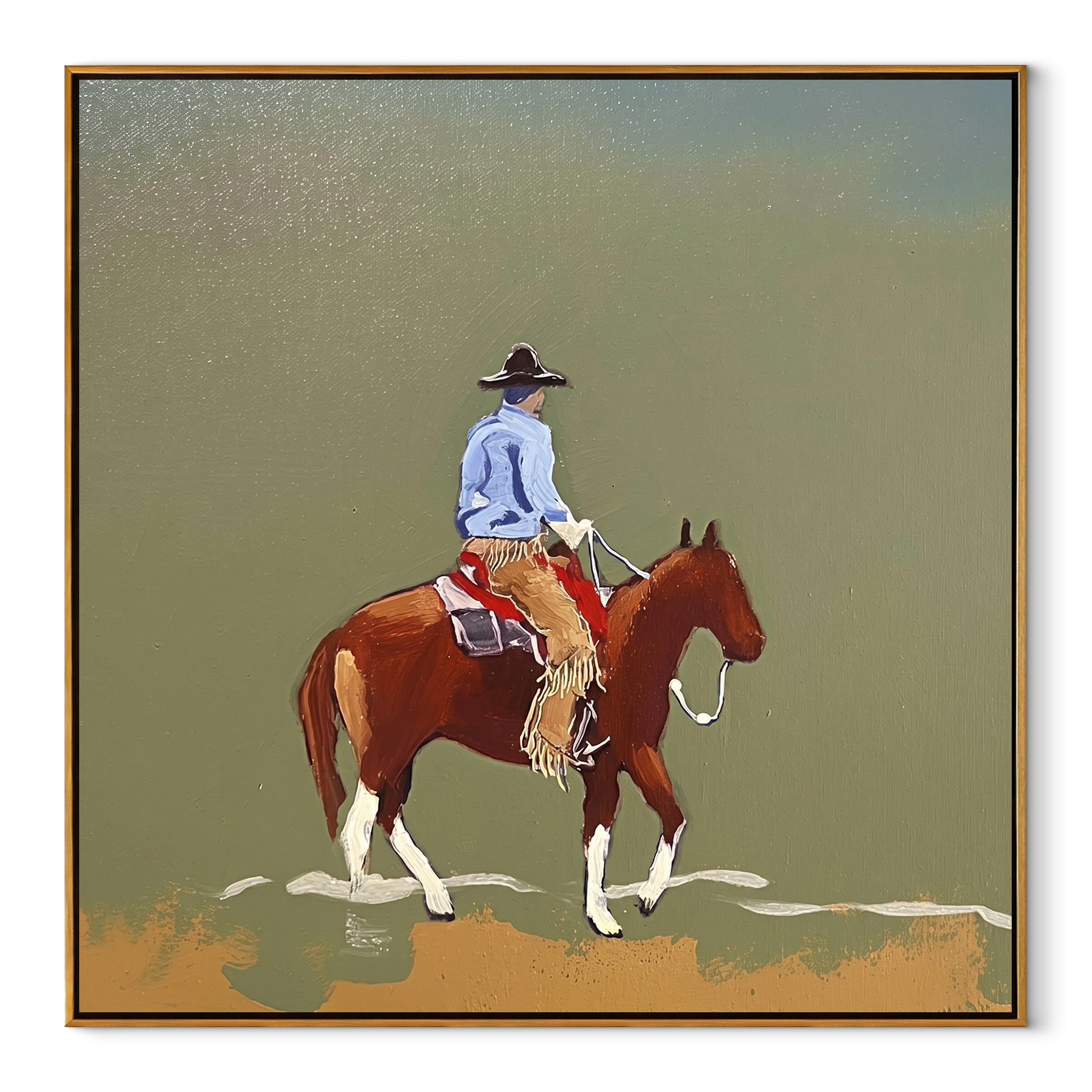 Chestnut Steps Cross Olive - rider landscape horse painting by Ethan Mercer, contemporary Western square wall art – wood frame on white background