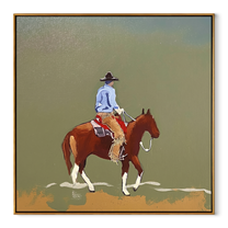 Chestnut Steps Cross Olive - rider landscape horse painting by Ethan Mercer, contemporary Western square wall art – wood frame on white background