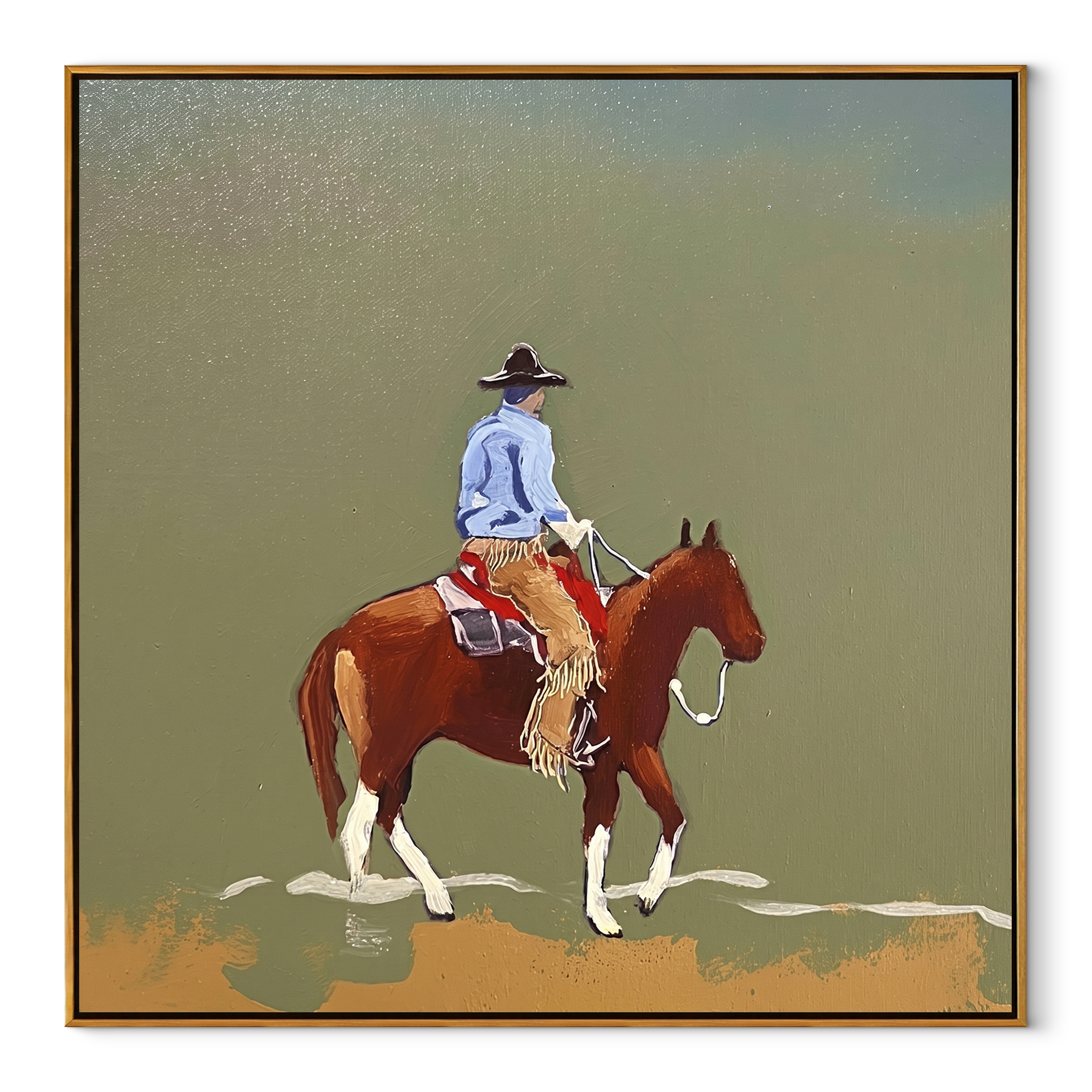 Chestnut Steps Cross Olive - rider landscape horse painting by Ethan Mercer, contemporary Western square wall art – wood frame on white background