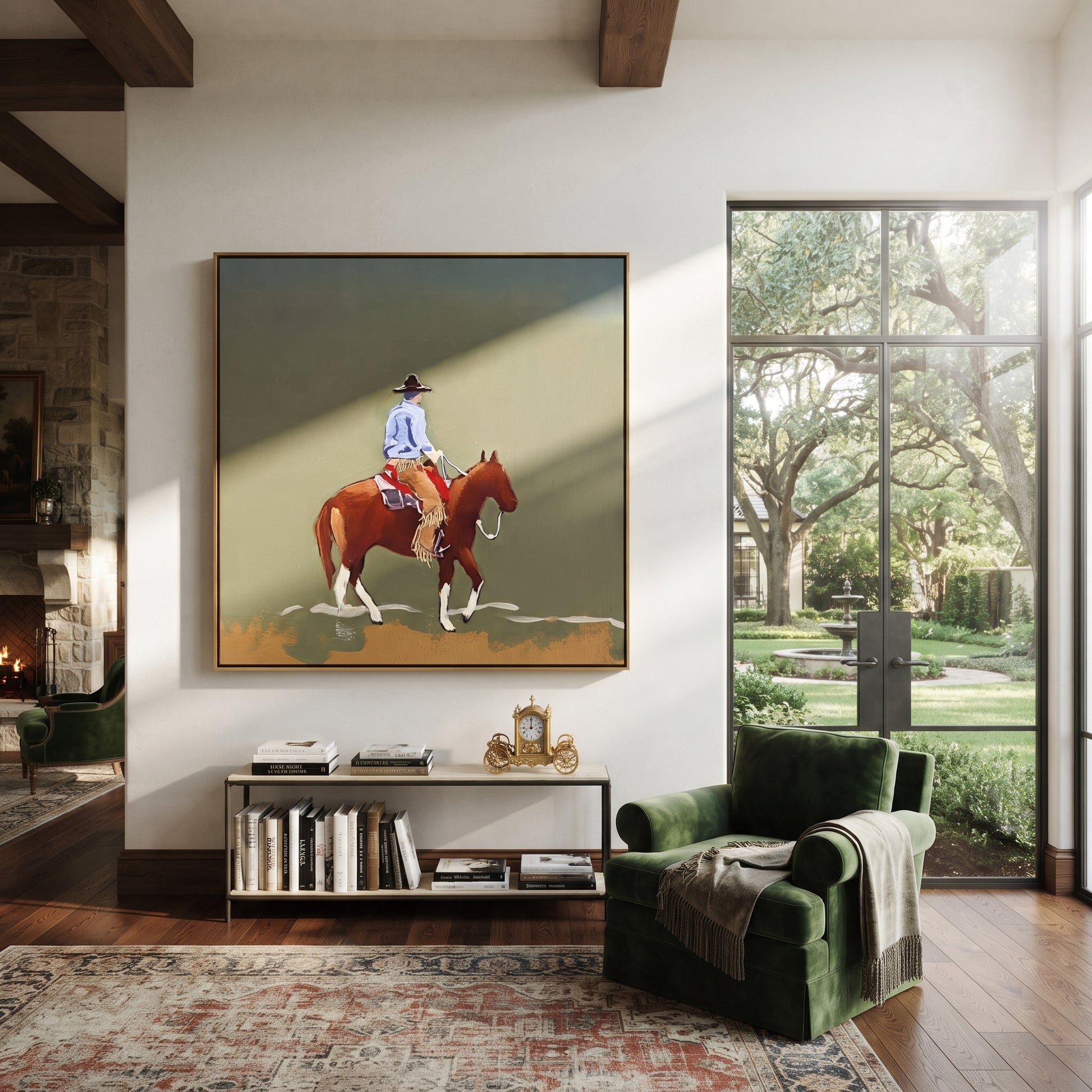 Chestnut Steps Cross Olive - rider landscape horse painting by Ethan Mercer, contemporary Western square wall art – styled room scene view 2