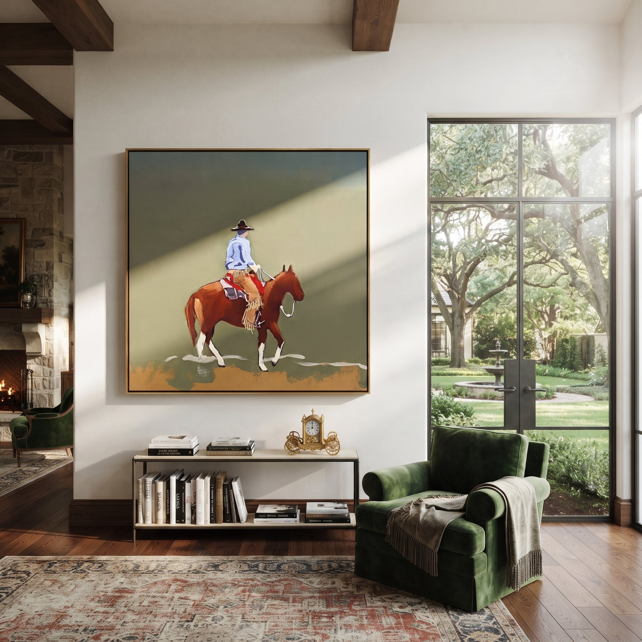 Chestnut Steps Cross Olive - rider landscape horse painting by Ethan Mercer, contemporary Western square wall art – styled room scene view 2