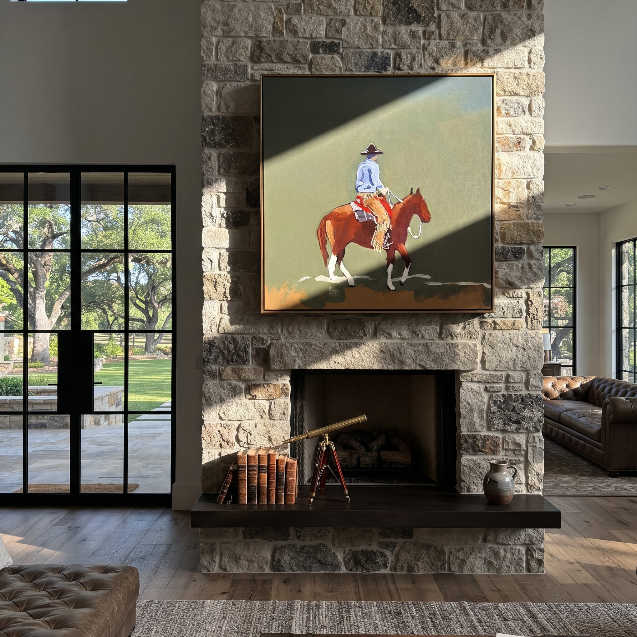 Chestnut Steps Cross Olive - rider landscape horse painting by Ethan Mercer, contemporary Western square wall art – styled room scene view 4