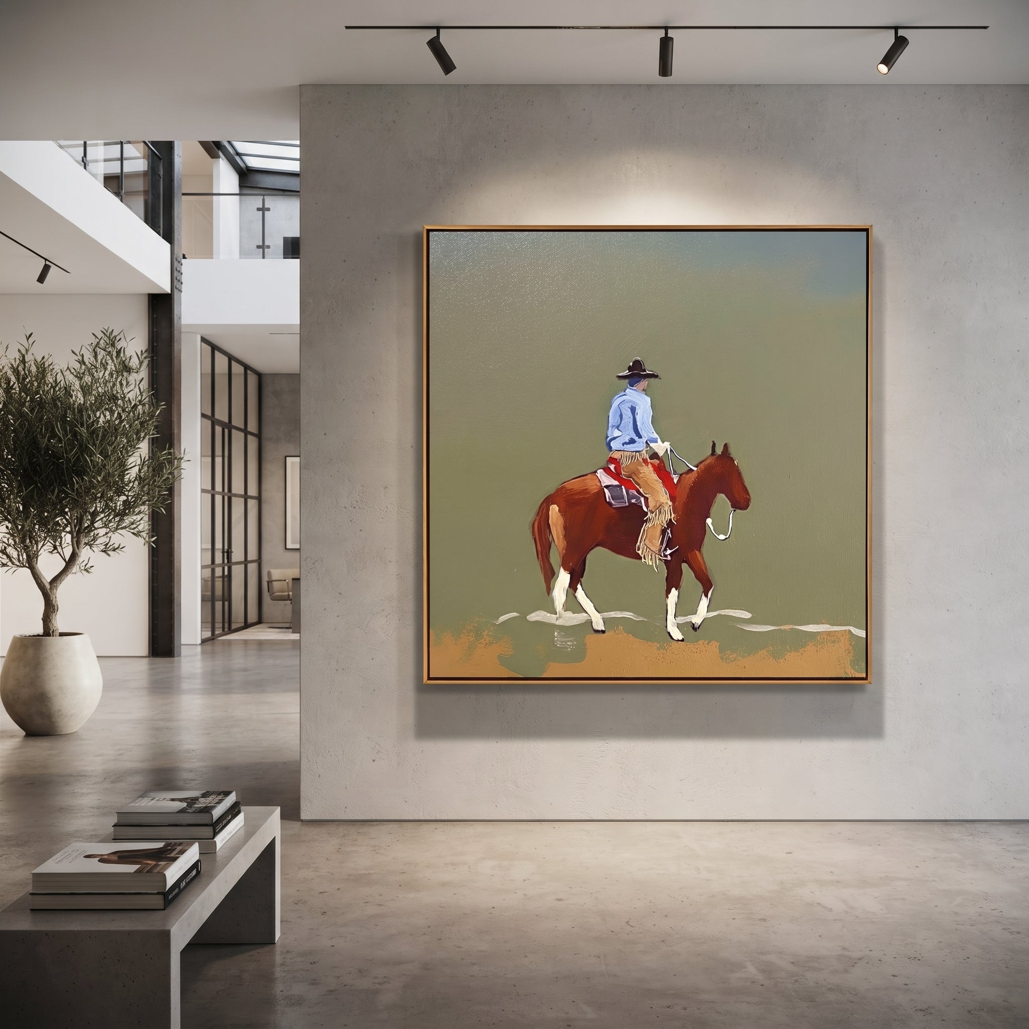 Chestnut Steps Cross Olive - rider landscape horse painting by Ethan Mercer, contemporary Western square wall art – styled room scene view 5