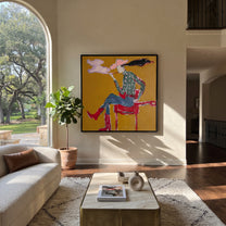 Red Boots Exhale Clouds - smoking cowgirl portrait painting by Ethan Mercer, contemporary Western square wall art – styled room scene view 1