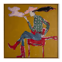 Red Boots Exhale Clouds - smoking cowgirl portrait painting by Ethan Mercer, contemporary Western square wall art – wood frame on white background