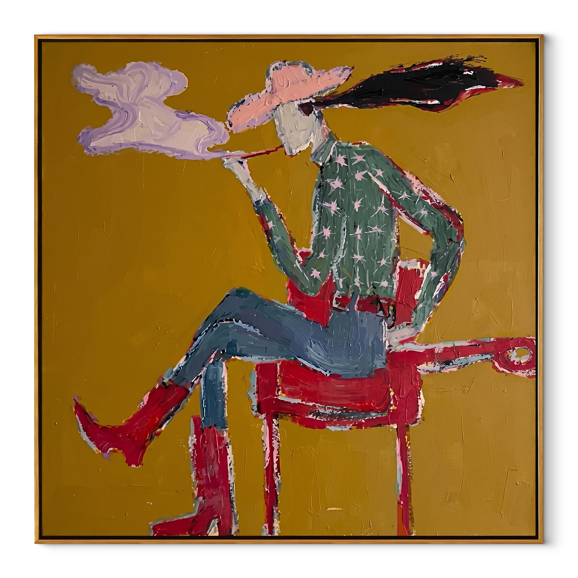 Red Boots Exhale Clouds - smoking cowgirl portrait painting by Ethan Mercer, contemporary Western square wall art – wood frame on white background