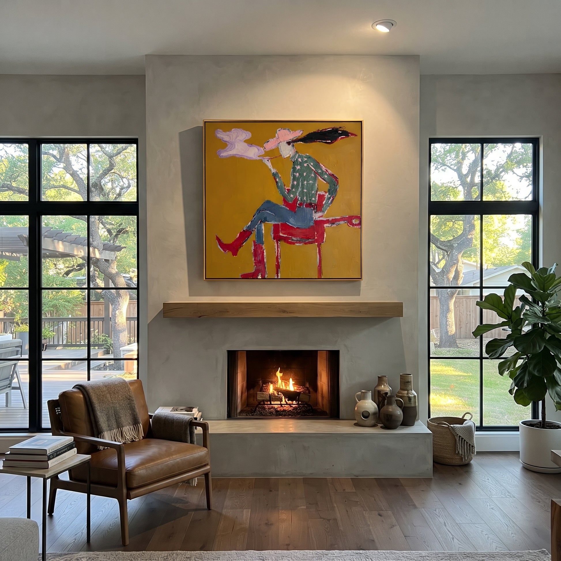 Red Boots Exhale Clouds - smoking cowgirl portrait painting by Ethan Mercer, contemporary Western square wall art – styled room scene view 2