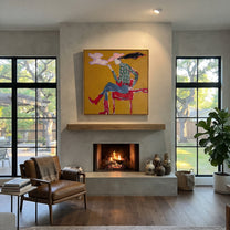 Red Boots Exhale Clouds - smoking cowgirl portrait painting by Ethan Mercer, contemporary Western square wall art – styled room scene view 2