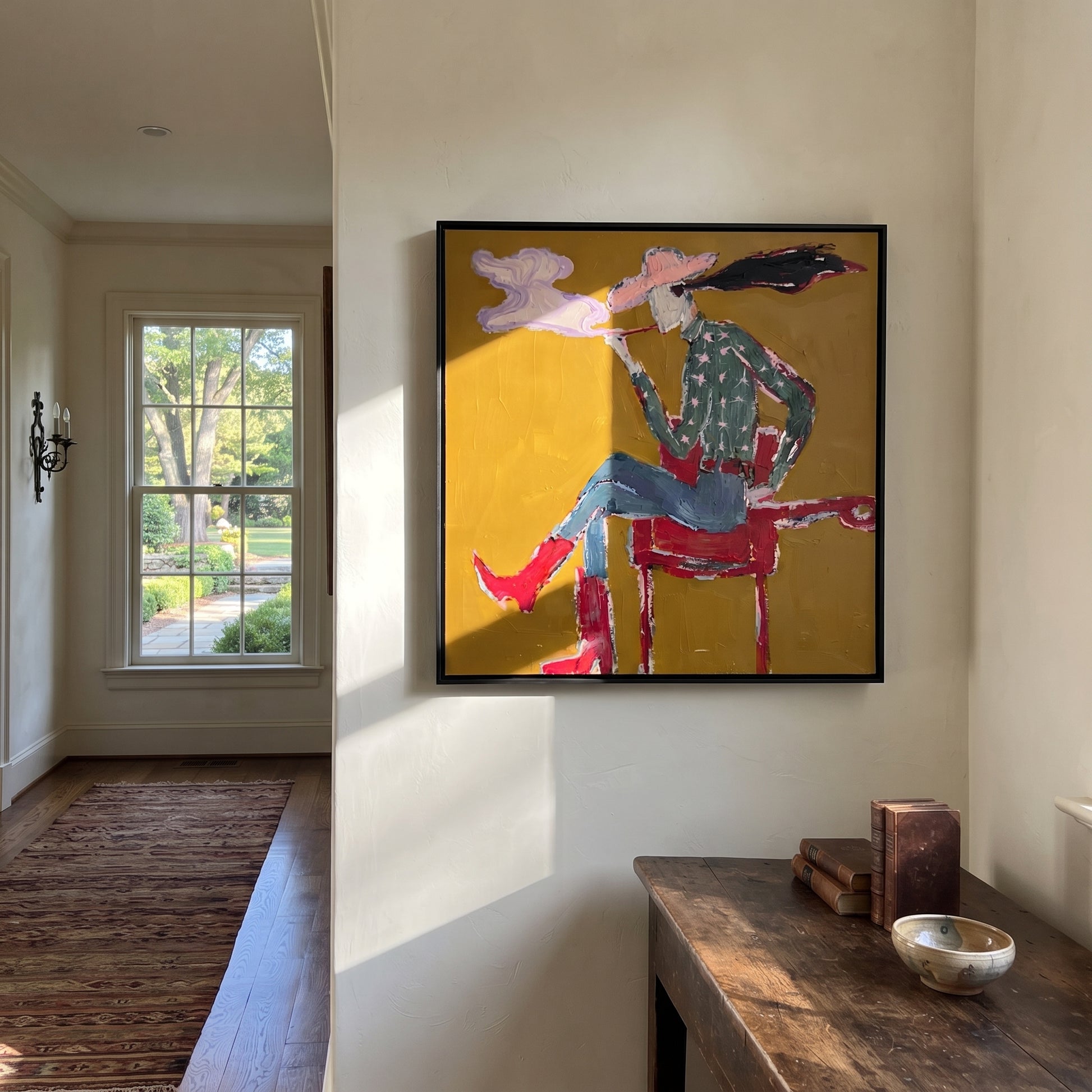 Red Boots Exhale Clouds - smoking cowgirl portrait painting by Ethan Mercer, contemporary Western square wall art – styled room scene view 3