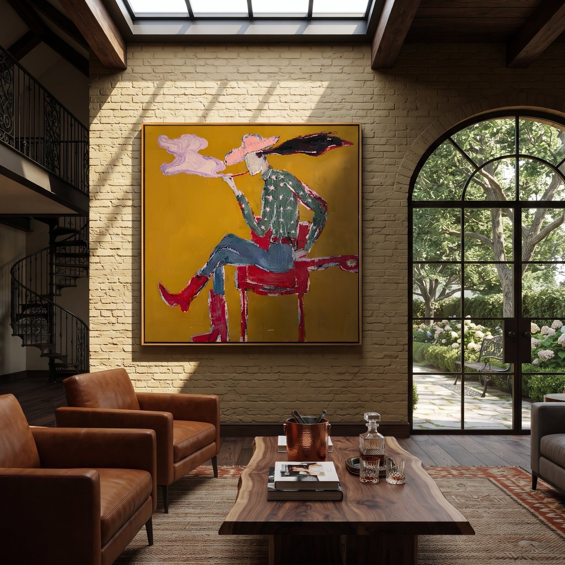 Red Boots Exhale Clouds - smoking cowgirl portrait painting by Ethan Mercer, contemporary Western square wall art – styled room scene view 4