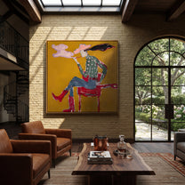 Red Boots Exhale Clouds - smoking cowgirl portrait painting by Ethan Mercer, contemporary Western square wall art – styled room scene view 4