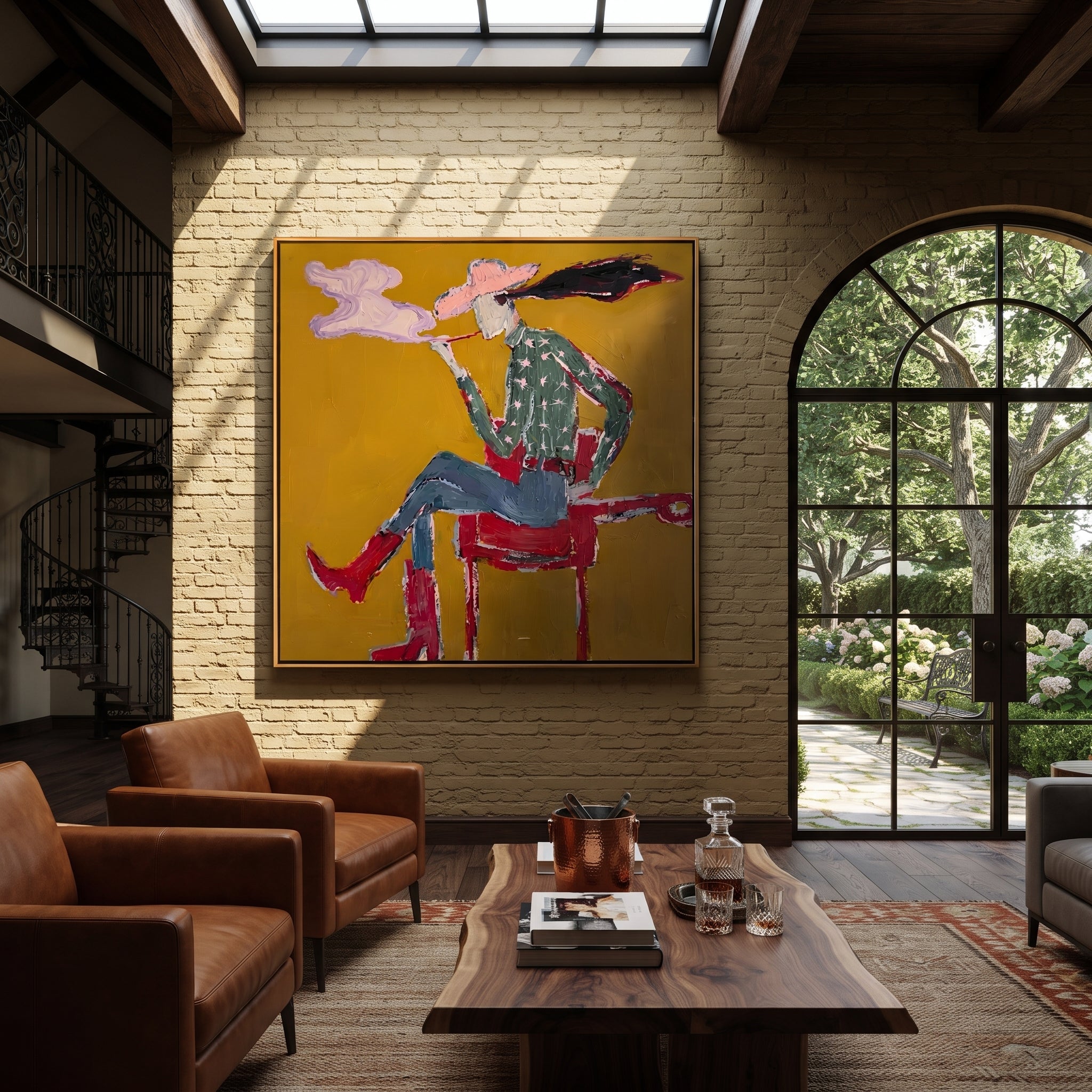 Red Boots Exhale Clouds - smoking cowgirl portrait painting by Ethan Mercer, contemporary Western square wall art – styled room scene view 4