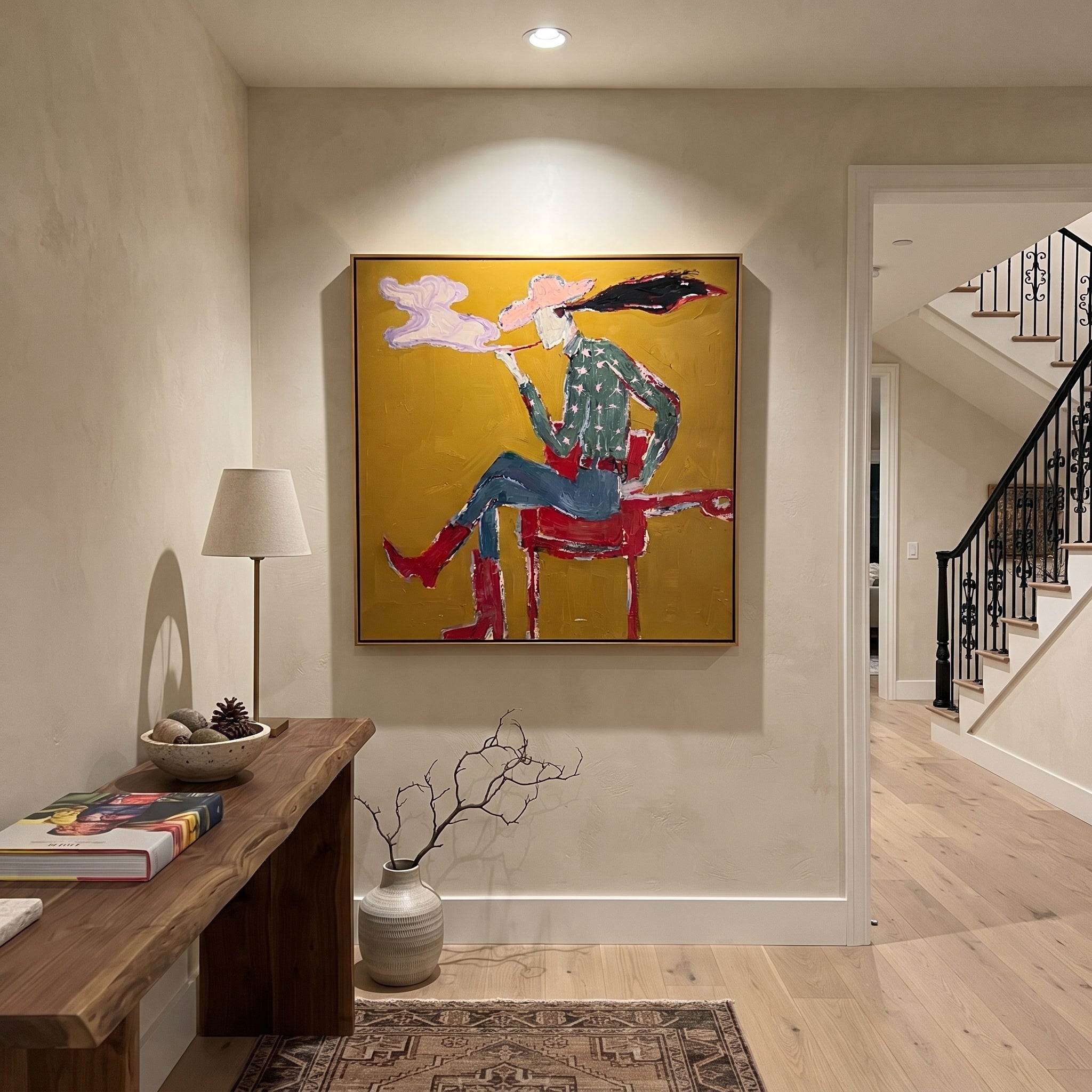 Red Boots Exhale Clouds - smoking cowgirl portrait painting by Ethan Mercer, contemporary Western square wall art – styled room scene view 5