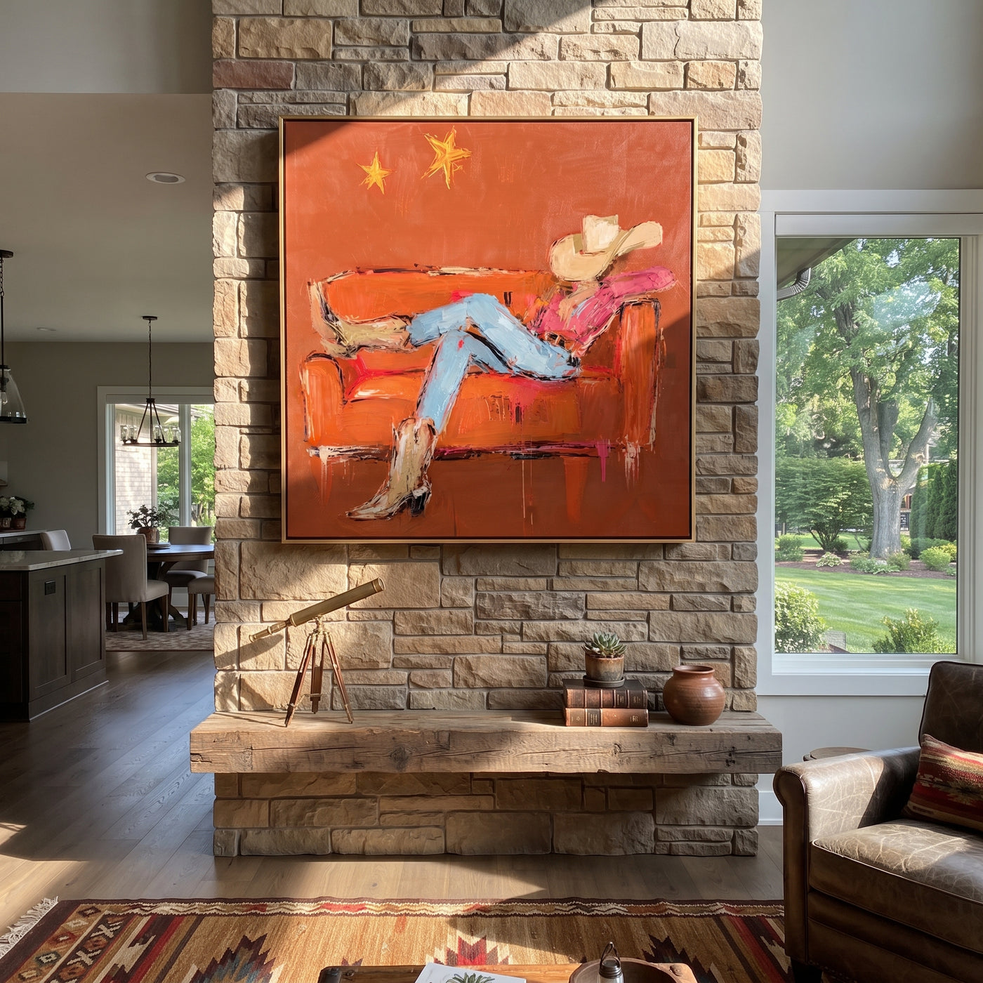 Rust Sofa Holds Distance - reclining cowboy sofa painting by Ethan Mercer, contemporary Western square wall art – styled room scene view 1