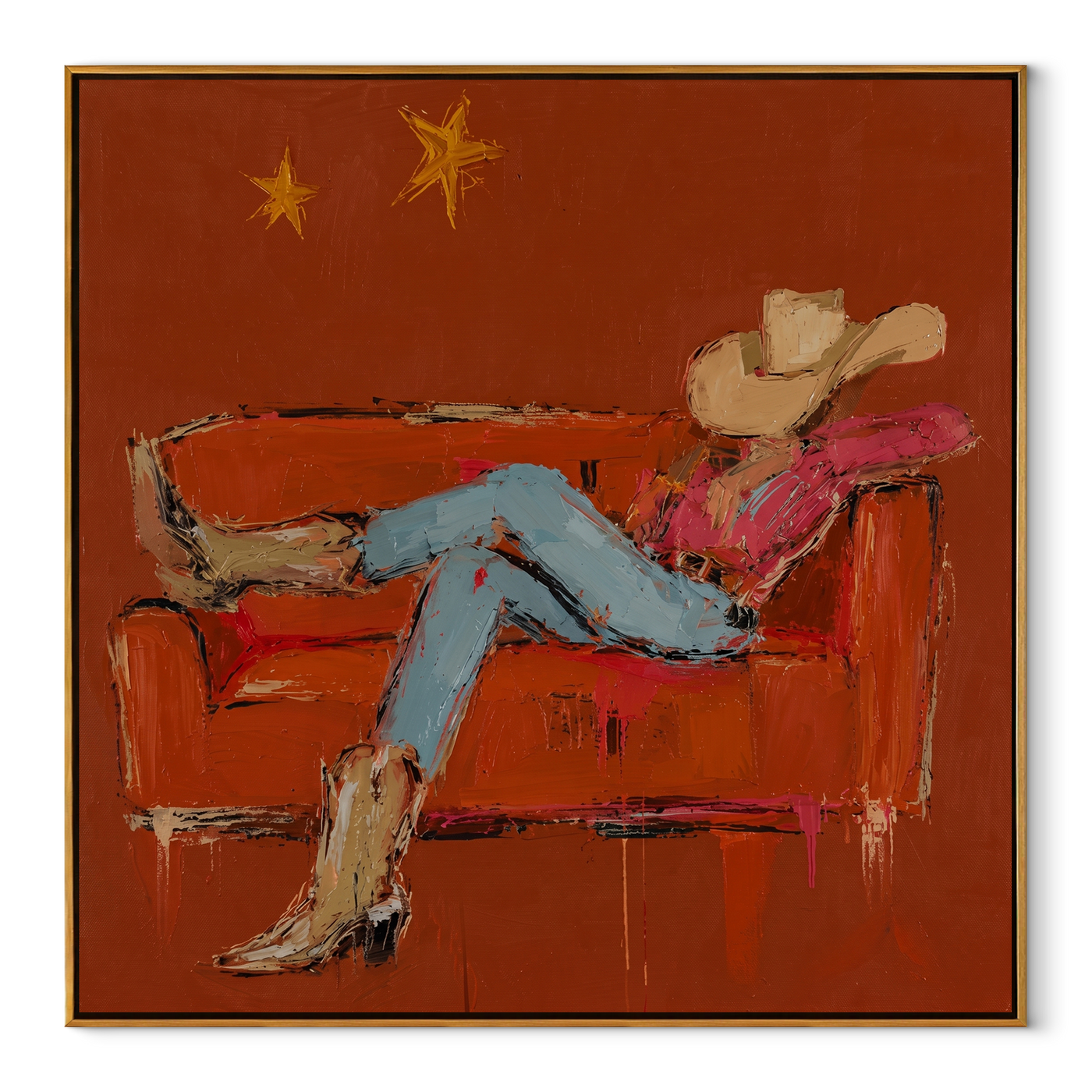 Rust Sofa Holds Distance - reclining cowboy sofa painting by Ethan Mercer, contemporary Western square wall art – wood frame on white background