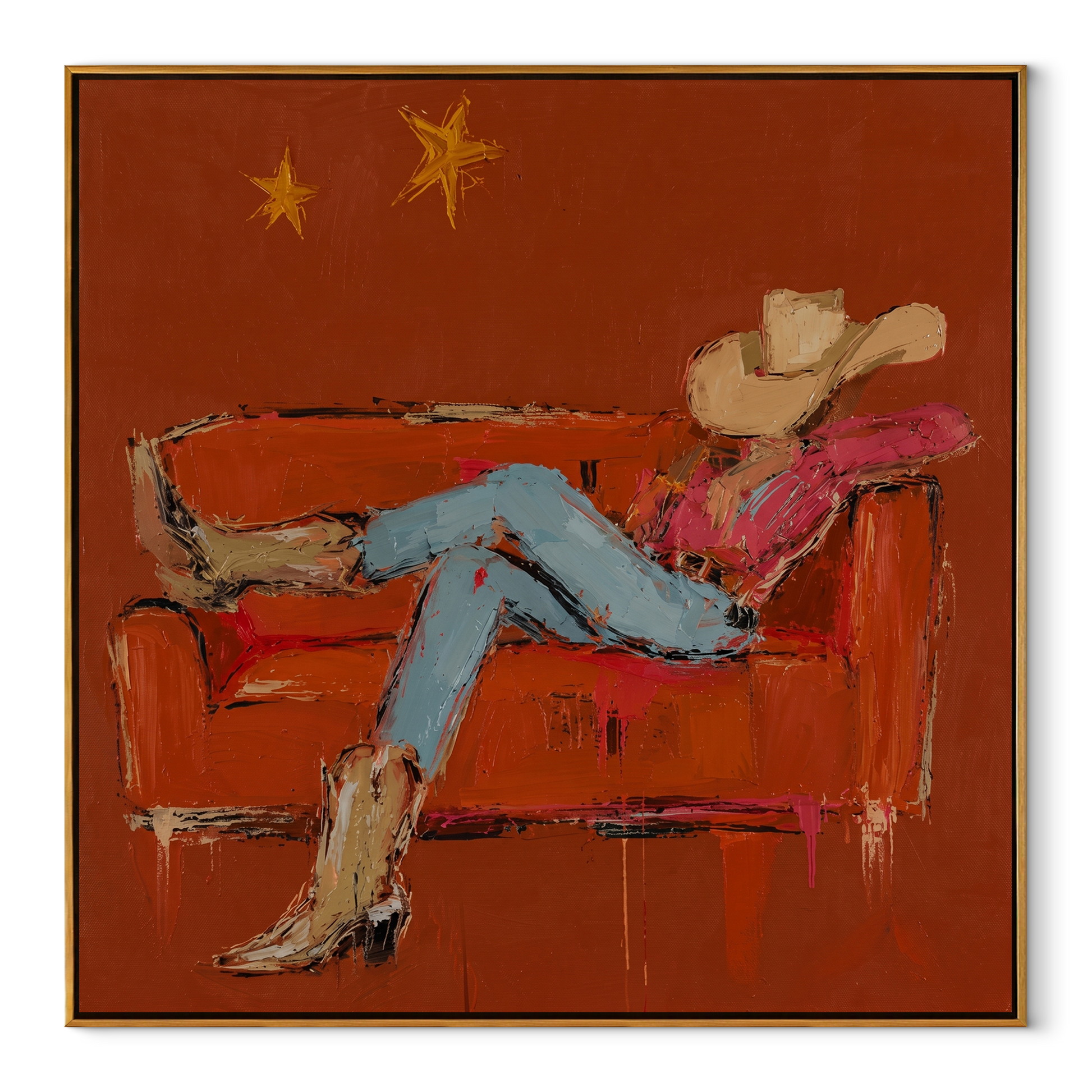 Rust Sofa Holds Distance - reclining cowboy sofa painting by Ethan Mercer, contemporary Western square wall art – wood frame on white background