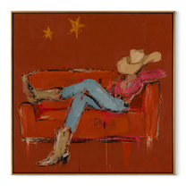 Rust Sofa Holds Distance - reclining cowboy sofa painting by Ethan Mercer, contemporary Western square wall art – wood frame on white background