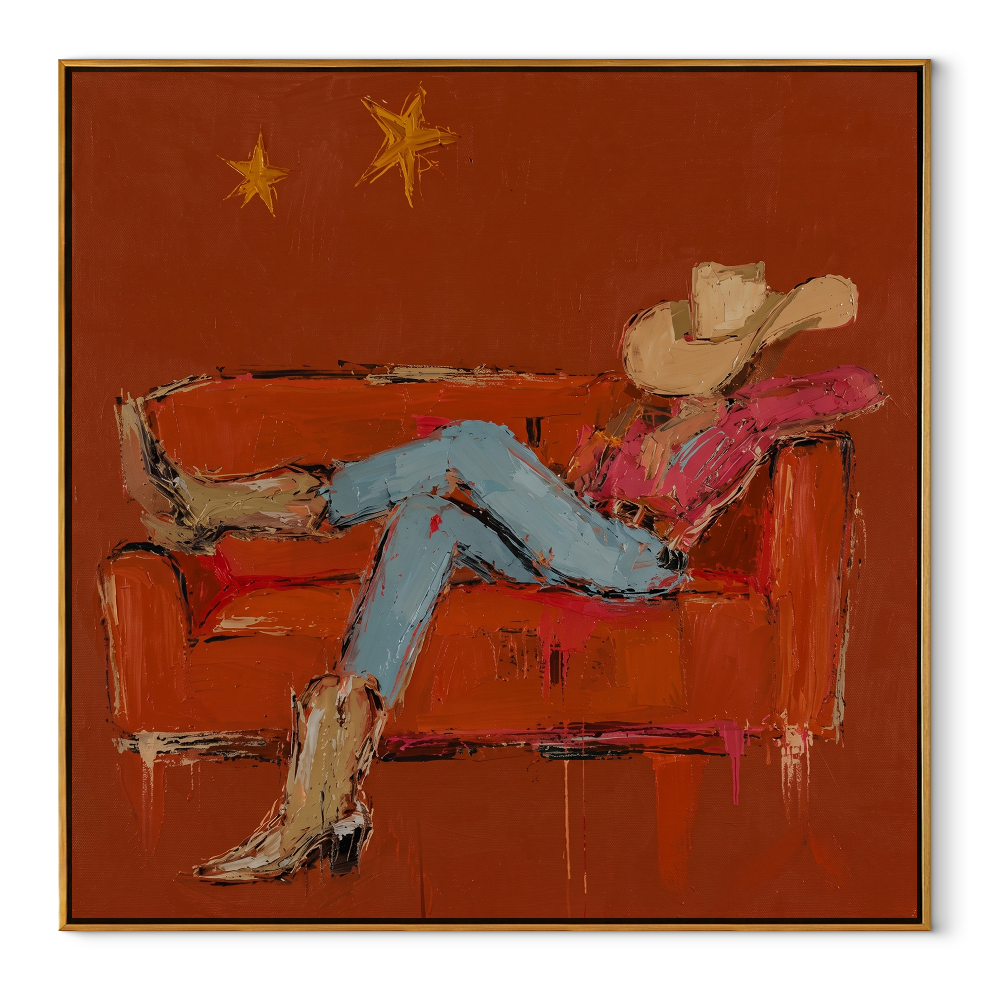 Rust Sofa Holds Distance - reclining cowboy sofa painting by Ethan Mercer, contemporary Western square wall art – wood frame on white background