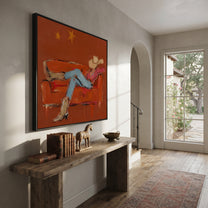 Rust Sofa Holds Distance - reclining cowboy sofa painting by Ethan Mercer, contemporary Western square wall art – styled room scene view 2