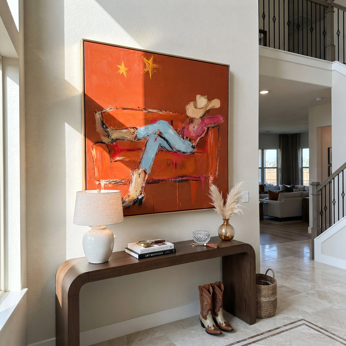 Rust Sofa Holds Distance - reclining cowboy sofa painting by Ethan Mercer, contemporary Western square wall art – styled room scene view 3