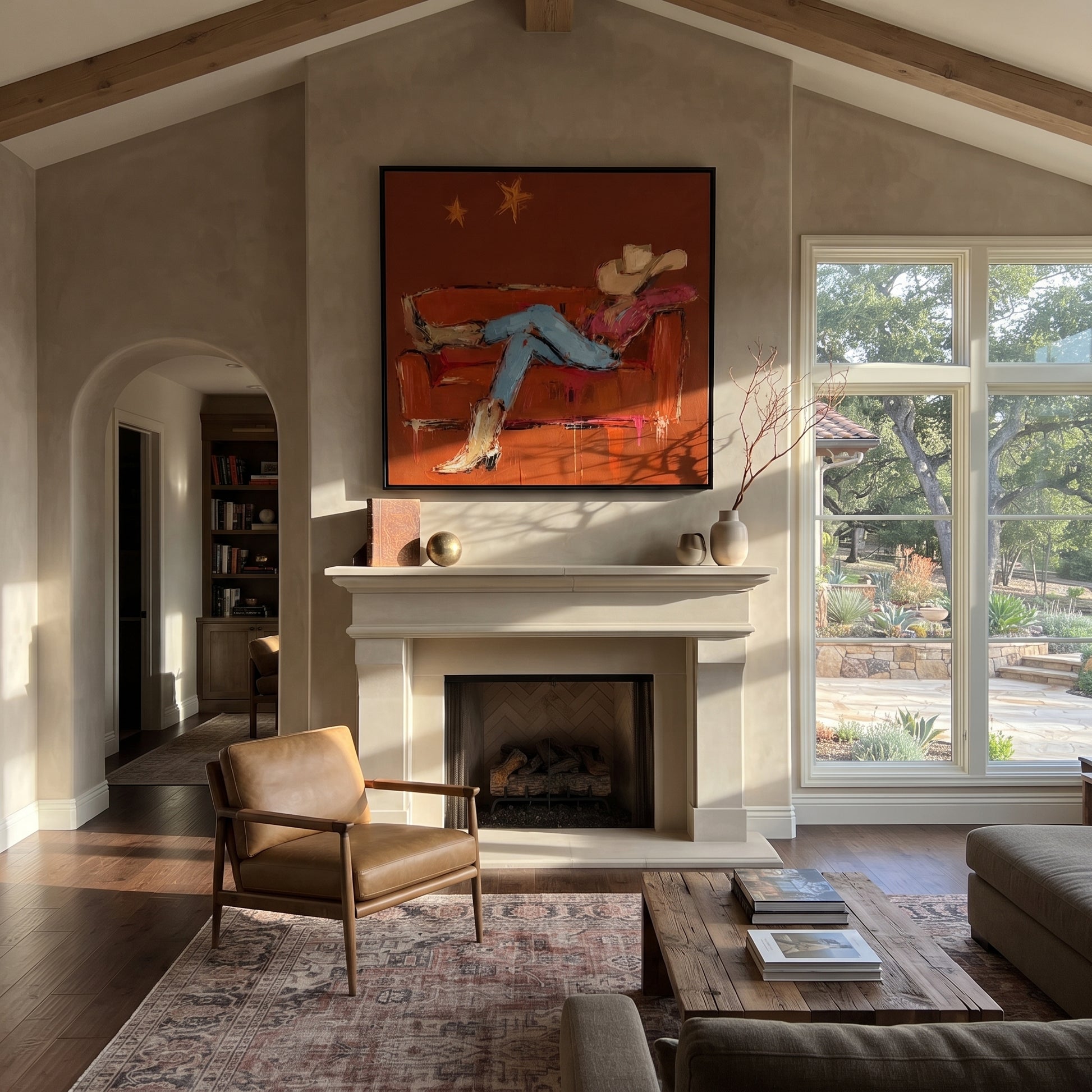 Rust Sofa Holds Distance - reclining cowboy sofa painting by Ethan Mercer, contemporary Western square wall art – styled room scene view 4
